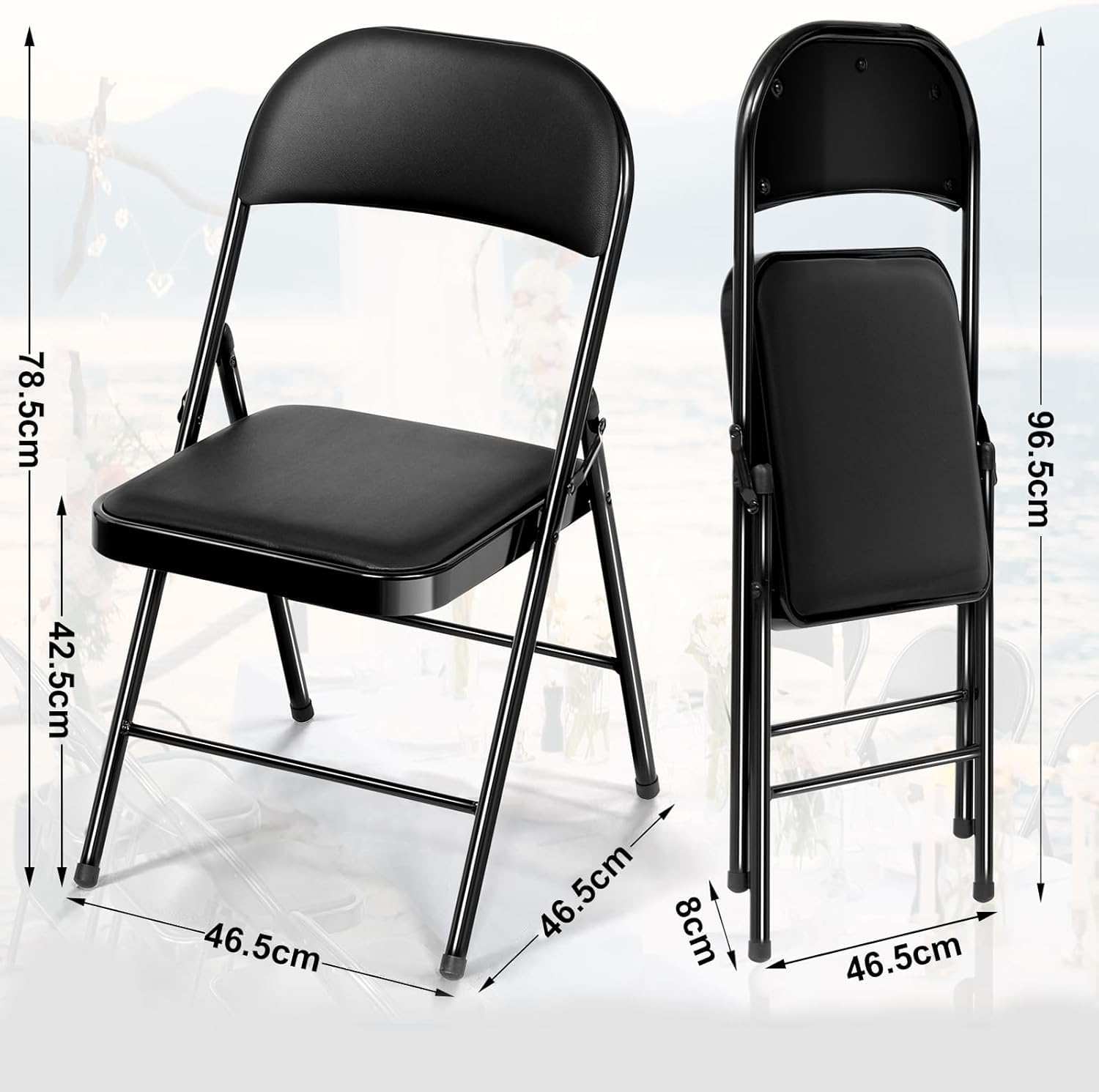 Set di 2 sedie pieghevoli, imbottite, con struttura in metallo e ecopelle, portata fino a 150 kg, ideale come sedie da cucina e sedie da giardino, colore nero