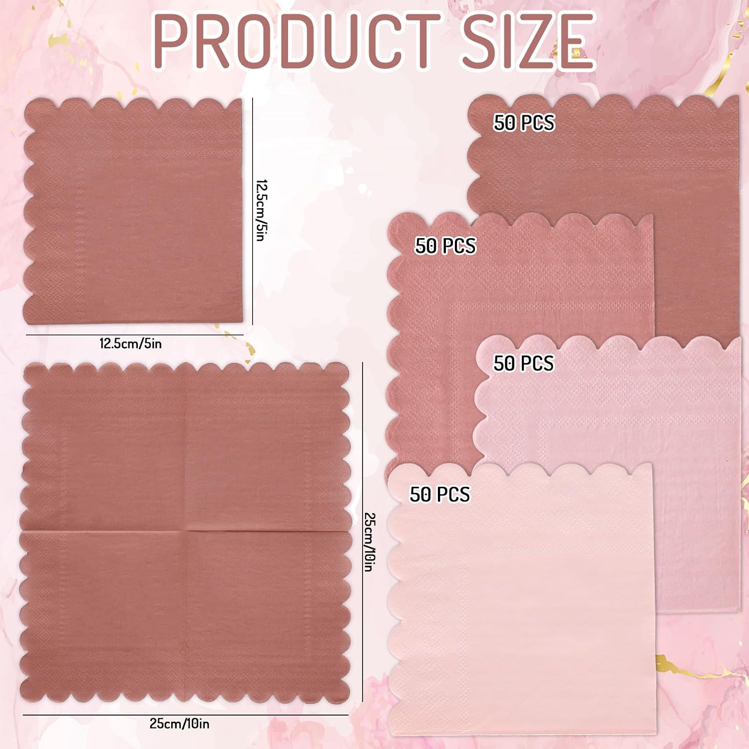 Whaline 200 Pack Dusty Pink Cocktail Napkins Gradient Color Scalloped Beverage Napkins Disposable Paper Napkin with Scalloped Edges for Wedding Birthday Bridal Baby Shower Party Supplies image 2