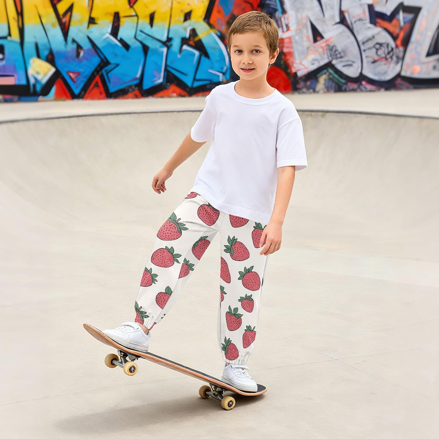 Boy Sweatpants Strawberry Red Fruits Joggers Casual Athletic Pants Kids Elastic Waist Cuffed with Pockets