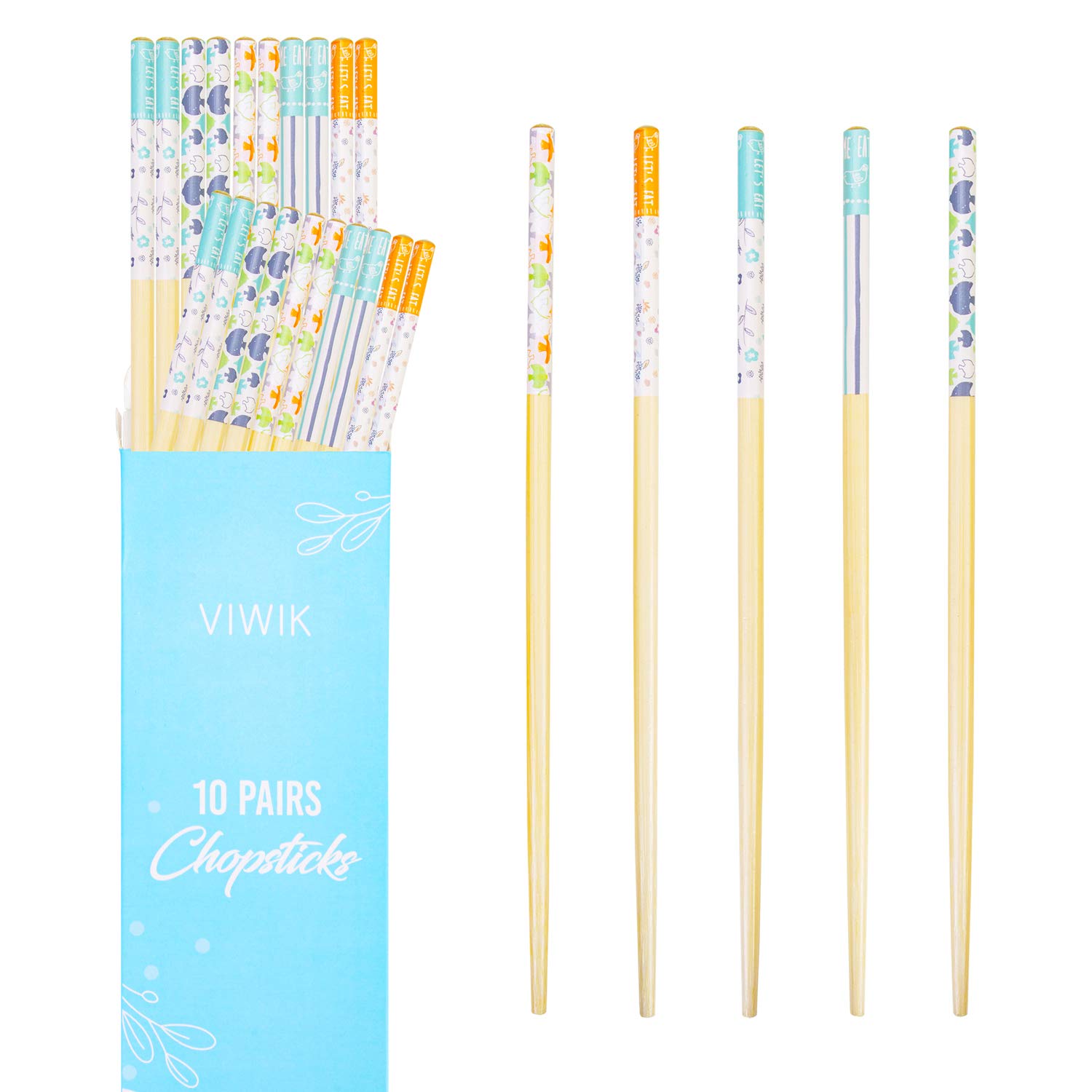 VIWIK 10 Pairs Natural Premium Bamboo Chopsticks, Cute Printing Pattern Reusable Chopsticks Dishwasher Safe, Non-slip, 9 1/2 Inches - Bamboo Chopsticks 6