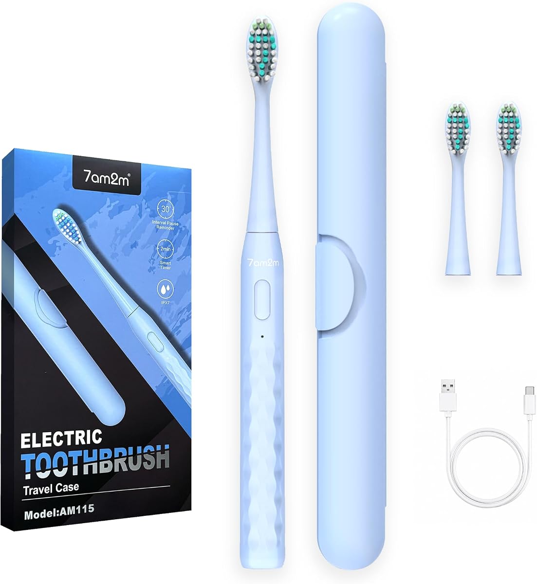 7AM2M Sonic Travel Electric Toothbrush for Adults&Kids, Travel Case&2 Brush Heads, 1 Charge for 90 Days, Type-C Rechargeable Sonic Toothbrush, Compact Design for Daily/Travel Use-Blue
