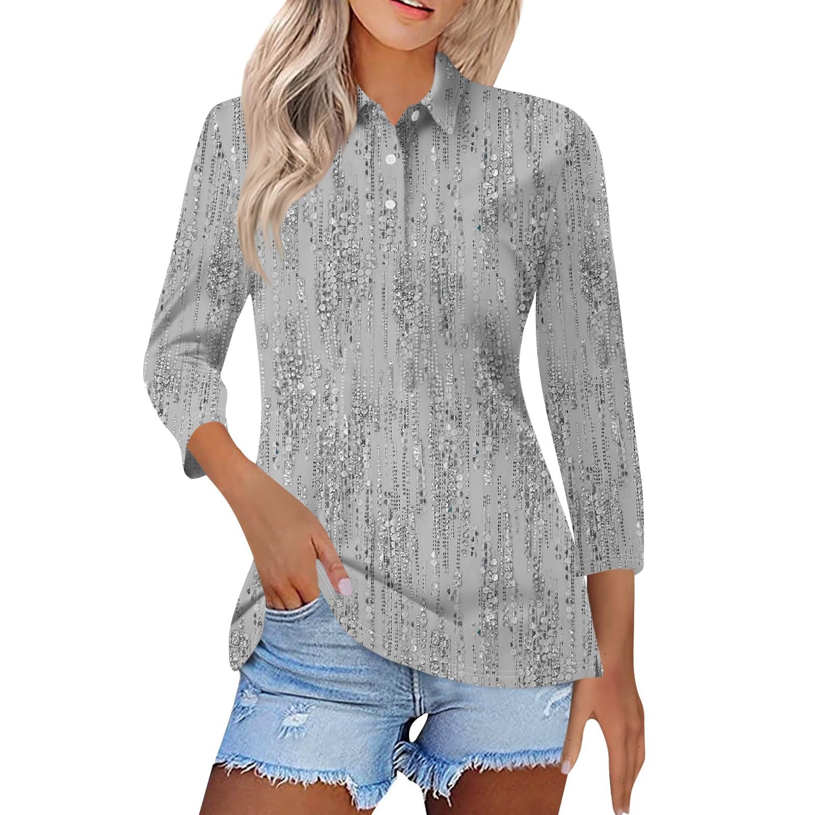 3/4 Sleeve Tops Polo Shirts for Women,Vintage Printed V Neck T Shirt Casual Blouses Button Down Pullover S-3Xl