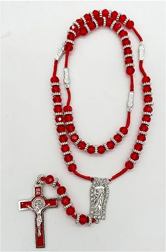 Miniatura 7 de Collar de crucifijo de rosario católico con cuentas de cristal San Judas Recuerdos de Bautizo Comunión Regalos religiosos (St Judas Rojo)