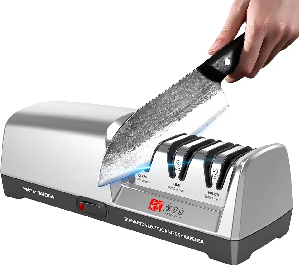 Amolador de facas elétrico TG2302 15 e 20 graus Sistema de 3 estágios Afiador de facas de aço inoxidável para facas de cozinha com função de afiação e polimento rápido