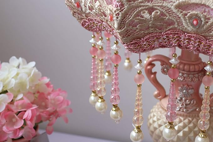 SMWZFDD European-Style Table Lamp,13 Inch Handmade Fabric Bedside Lamp Princess Victorian Style Resin Brown Painted Lamp Body Desk Lamp pink photo 3