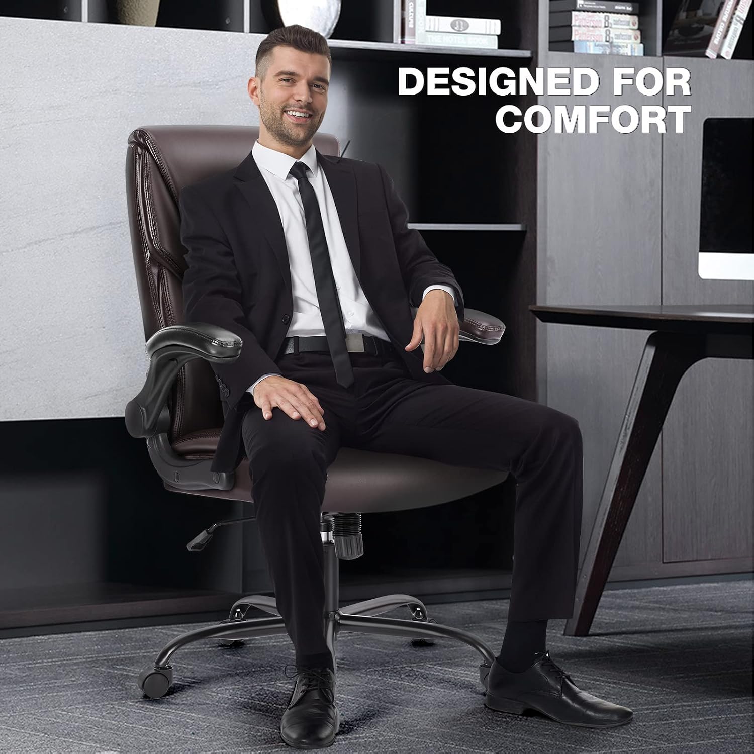Image demonstrating the adjustable flip-up armrests of the OLIXIS office chair in working, after work, and not in use positions.