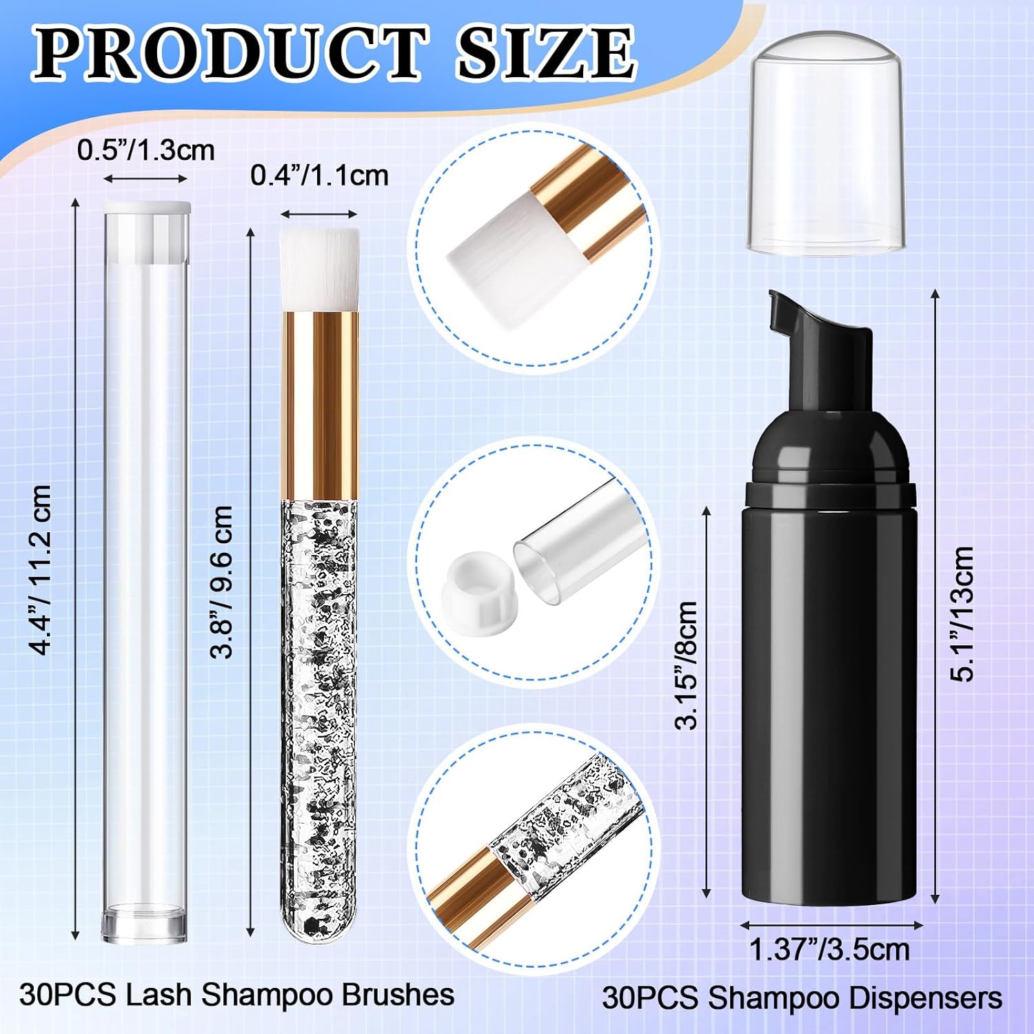 Zhehao 150 Pcs Lash Shampoo Kit Bottle Brushes Bulk 30 Eyelash Dispensers 30 Lash Shampoo Brushes 30 Reusable Aftercare Bag 30 Eyelash Pipes 30 Extension Aftercare Cards(Black)