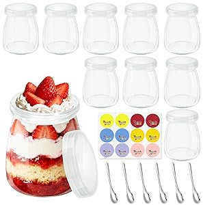 Mssushi 10 Vasos Yogurtera de Cristal，200ml Tarros de Yogur con Tapa hermética，tarros para postres recipiente para conservas de tulipanes, mermeladas, jaleas, miel, postres，6 lepels