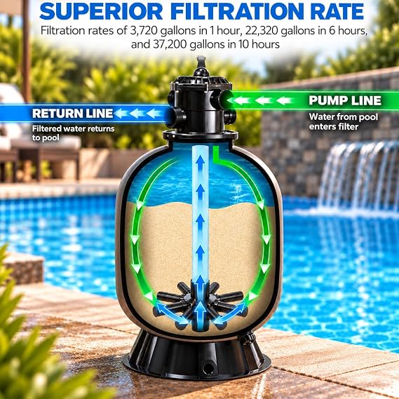 XtremepowerUS 24 Sand Filter for Inground Ground/Above Ground Swimming Pool up to 37,200 Gallons 7-Position Port Valve 300 Pounds Sand Capacity