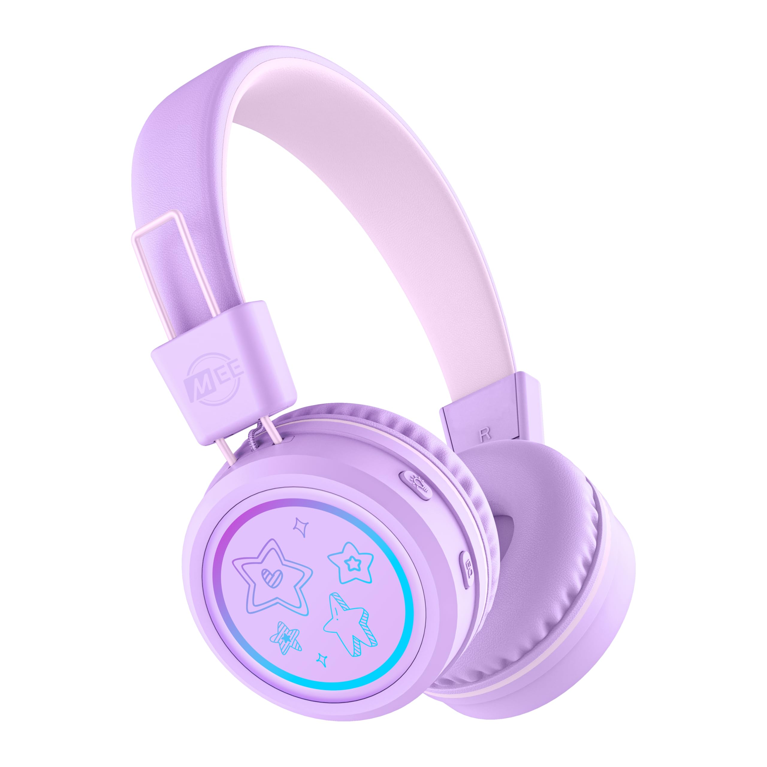 MEE Audio KidJamz KJ55BT Bluetooth Wireless Safe Listening Headphones for Children w/LED Lights, 85dB Volume Limiter, Microphone, &amp; 40h Battery; Kids Headset for School/iPhone/iPad/Tablet (Lavender)