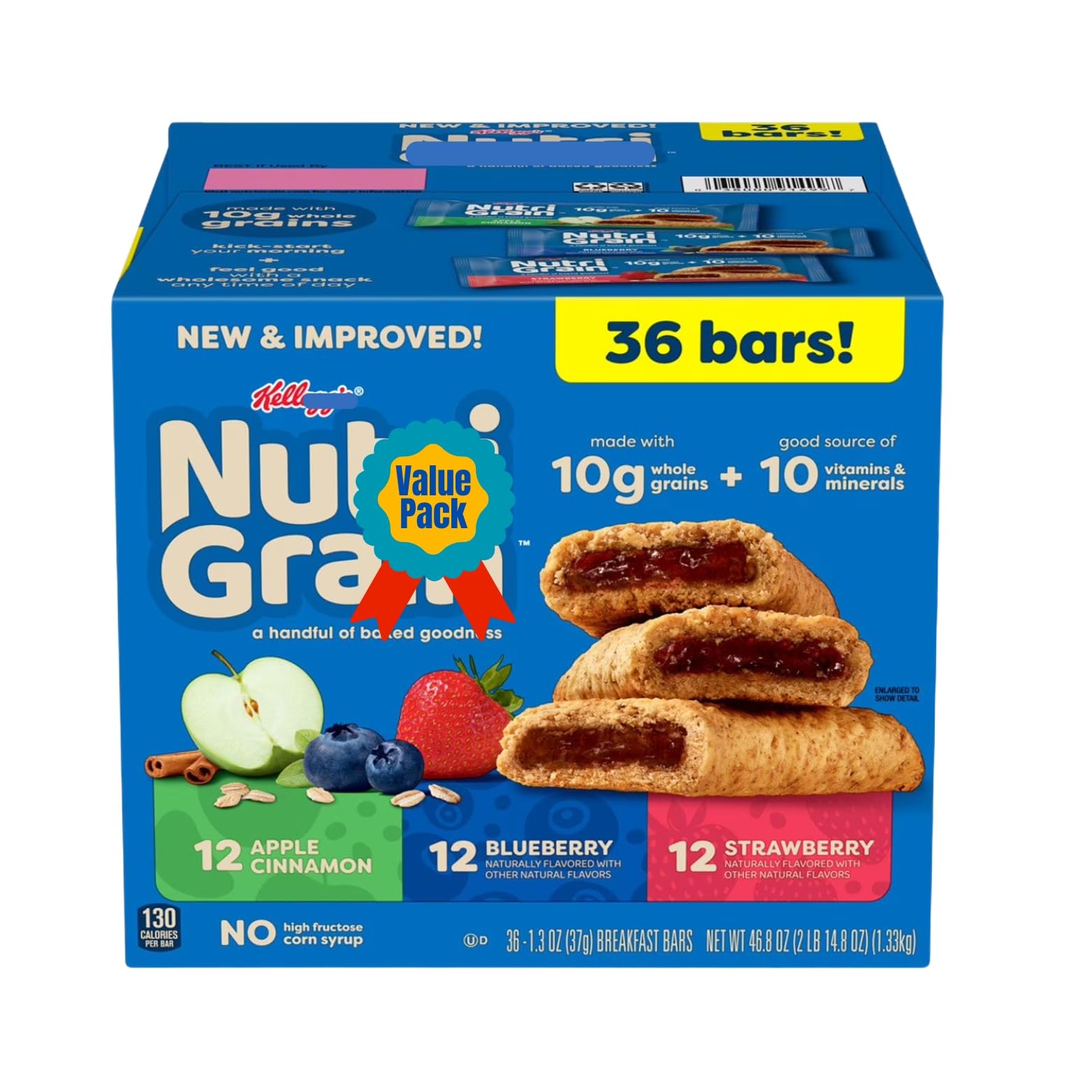 Breakfast Cereal Bars Variety Pack, 1.3 oz Bars (36 Pack), Soft Baked Fruit Filled Snack Bars for Kids and Adults