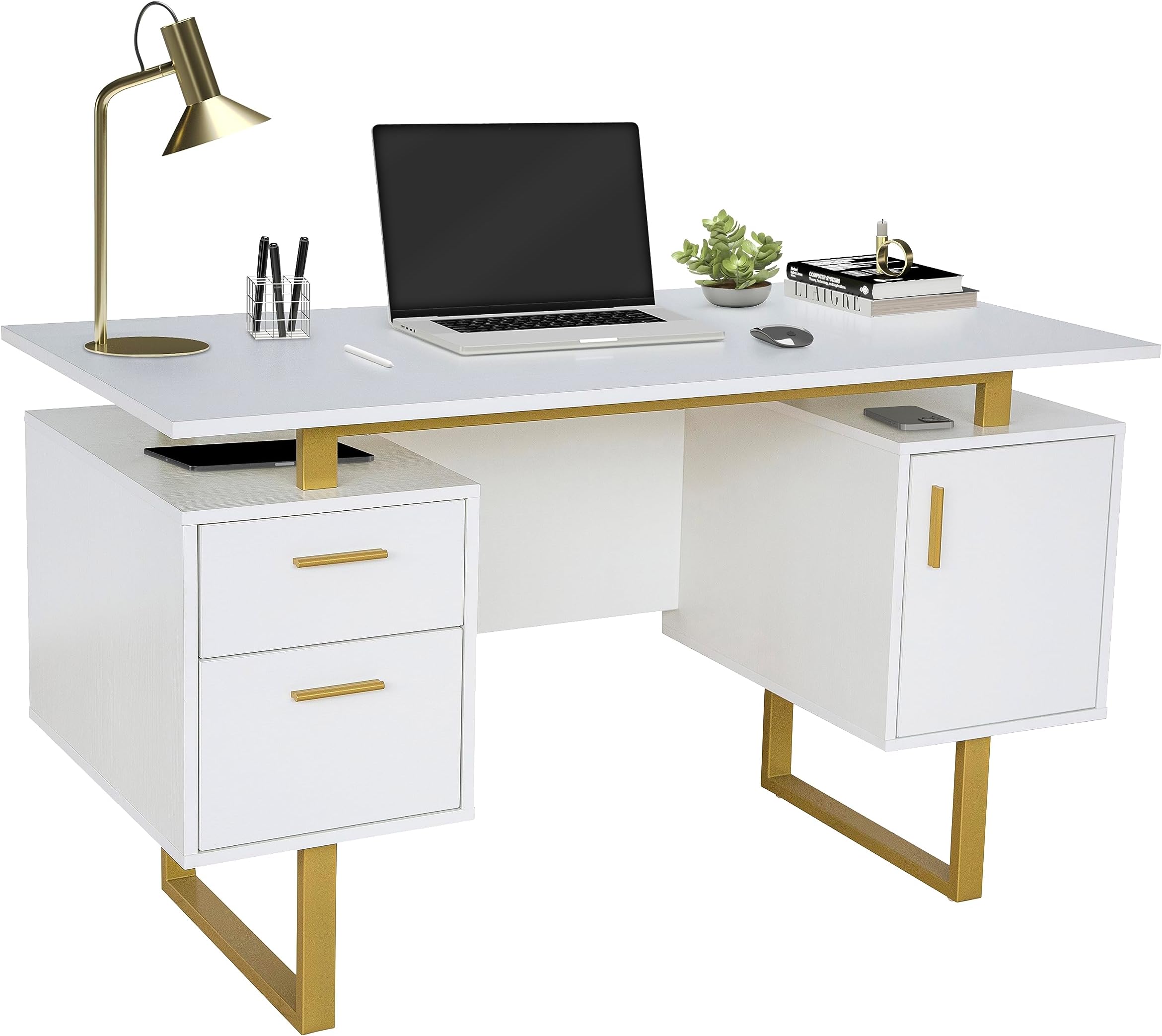 Techni Mobili Storage Drawers and Cabinet 51.25” W-Modern Office Large Floating Desktop Surface Desk, 23.6" D x 51.2" W x 29.8" H, White/Gold