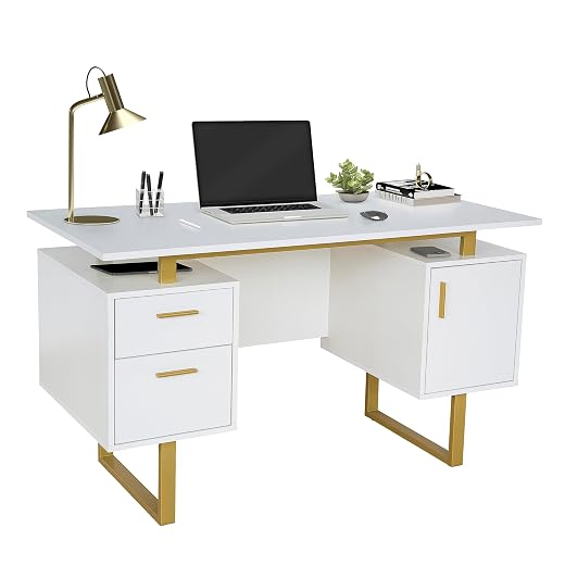 Techni Mobili Opbergladen en Kast, 51,25 inch W-Modern Office Large Floating Desktop Surface Desk, wit/goud