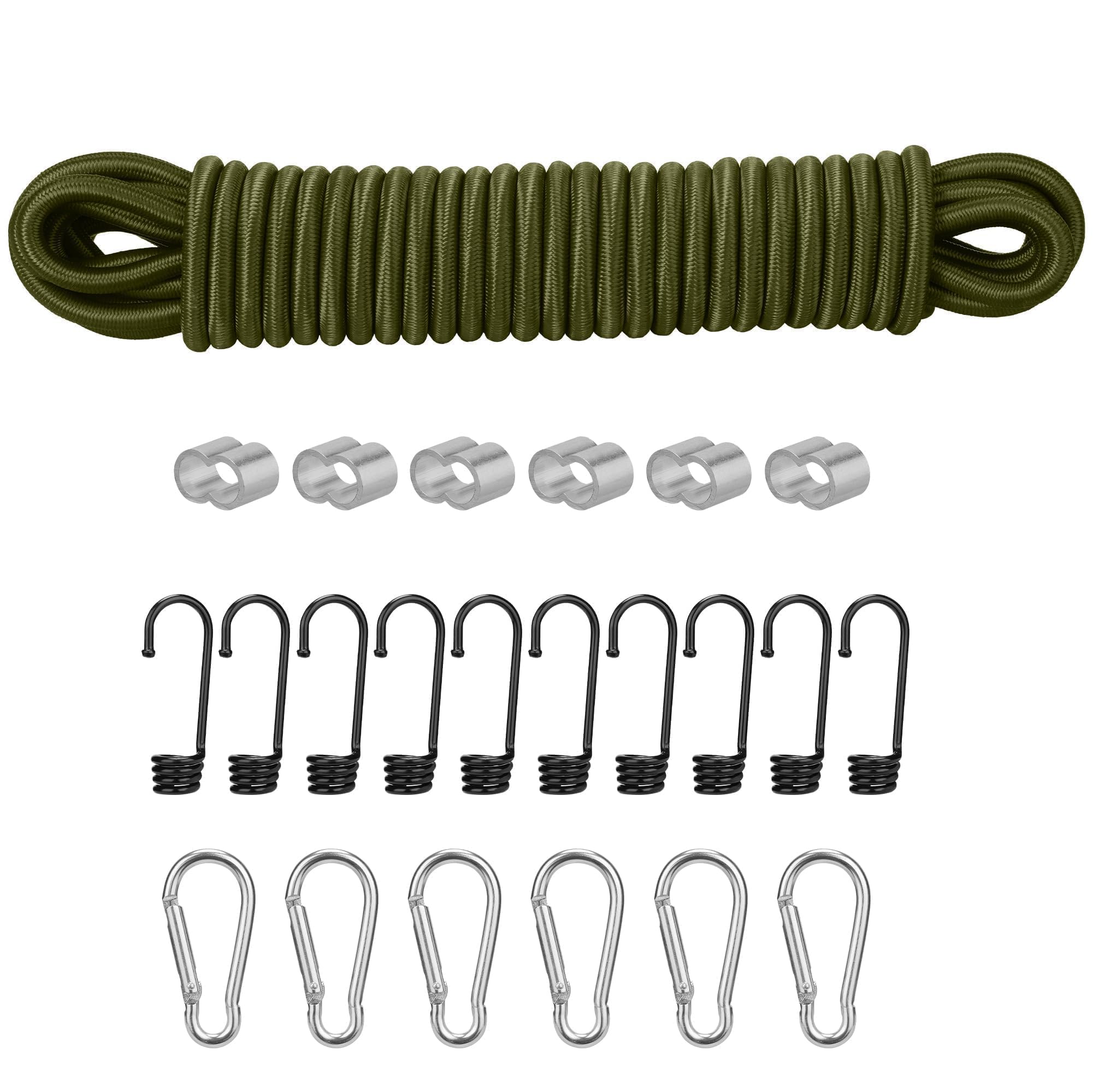 PRETEX Gummiband Expander 8mm x 10m mit Haken - Spanngummi mit Haken Karabiner Seilschlösser - Gummiseil Expanderseil zuschneidbar - Spannseil Planenseil - Bungee Cord - Olivgrün
