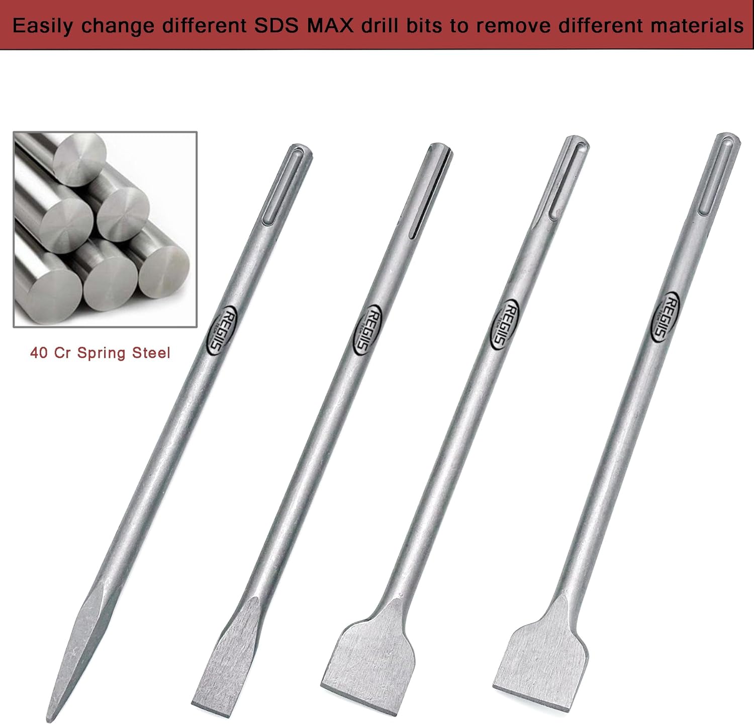 4 pcs SDS MAX 15.7 inch Chisel Set, Masonry Concrete Drill Bit Set, Tile Removal Chisel Bits for Brick Stone Tile Floor Removal