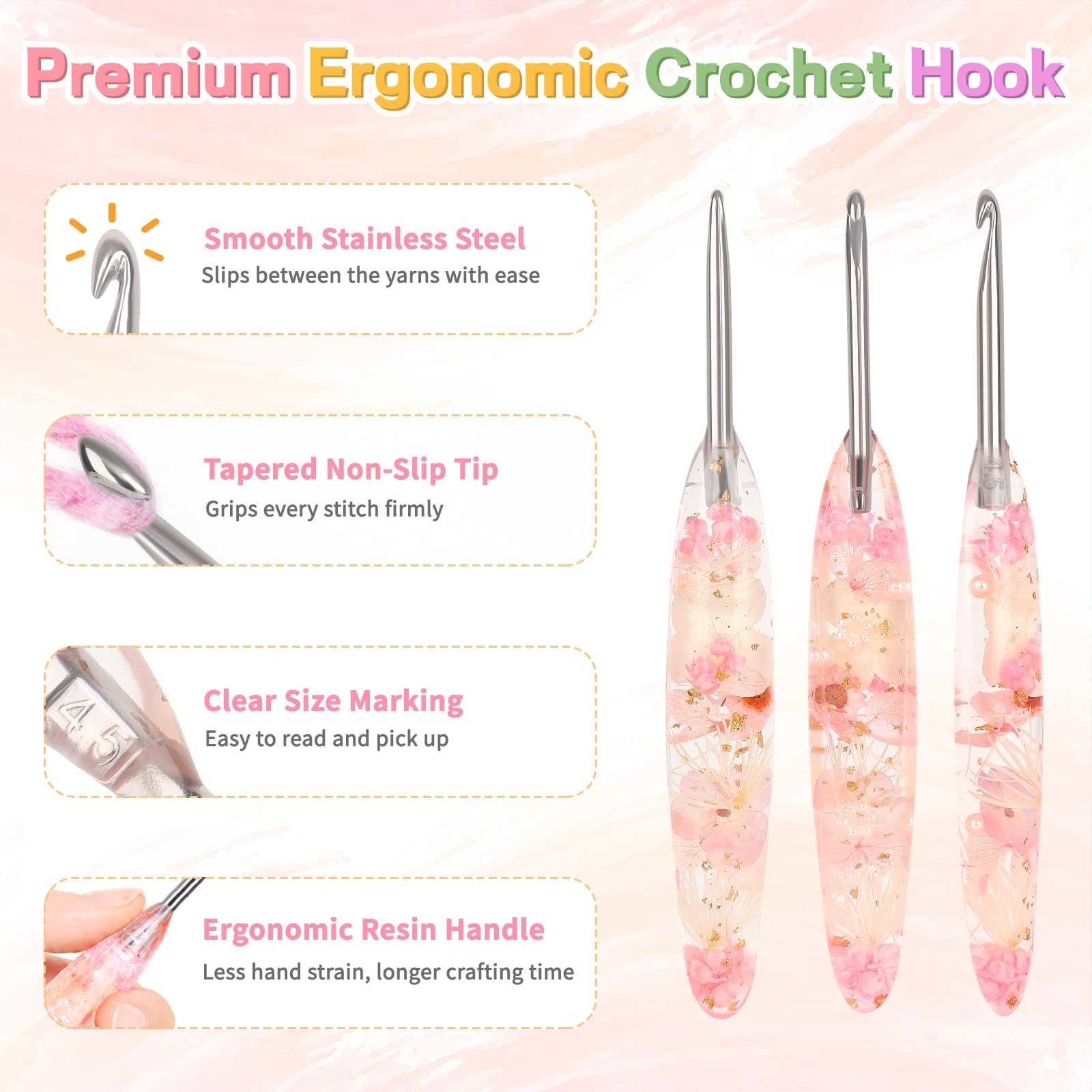 Reessy Juego de 5 ganchos de ganchillo de resina floral con caja de regalo, 2,5 mm, 3,0 mm, 3,5 mm, 4,0 mm, 4,5 mm, ganchos ergonómicos de acero inoxidable para principiantes, agujas de ganchillo