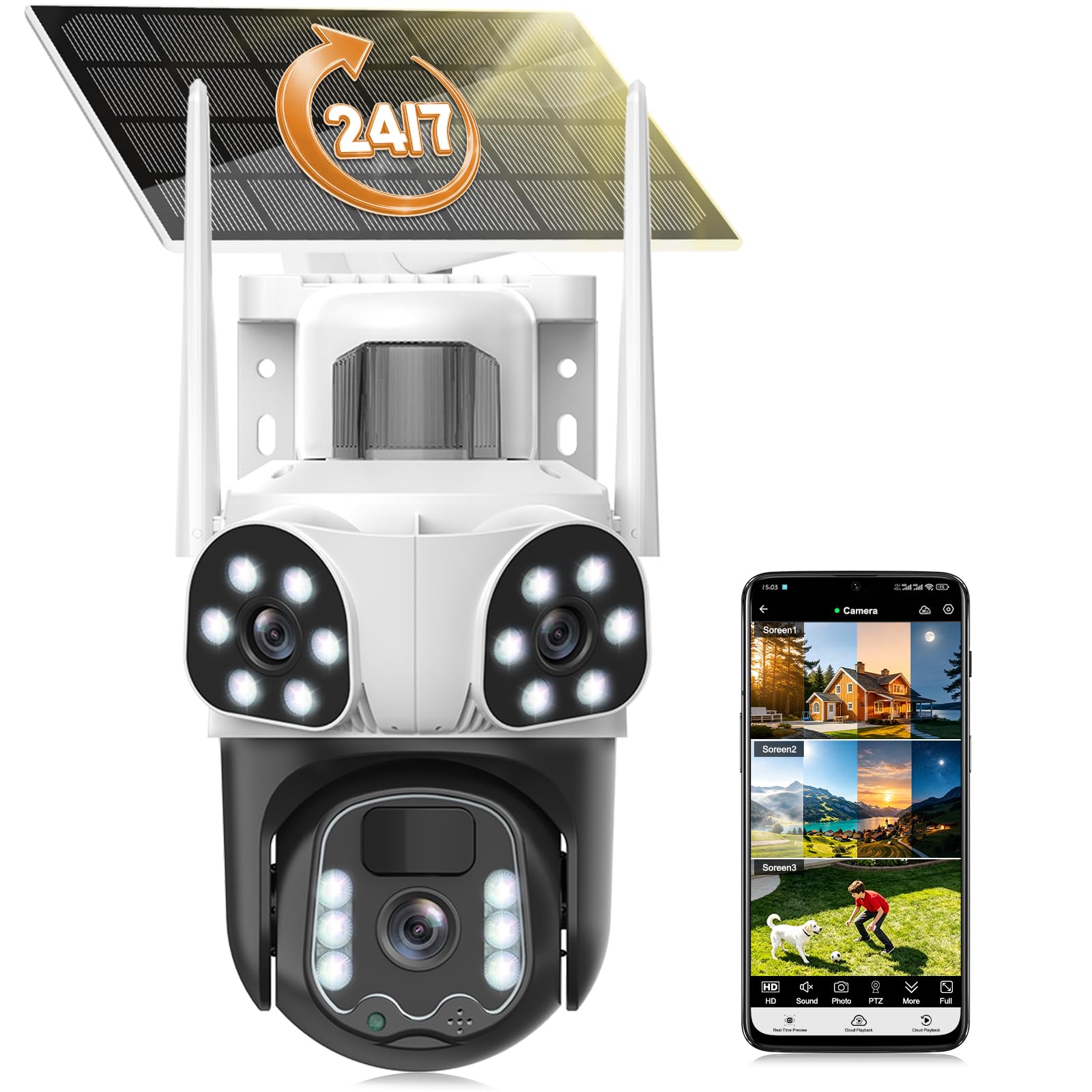 12MP Caméra Surveillance WiFi Extérieure à Triple Objectif,AOV 24/7,355°PTZ Caméra 3-in-1,Détection Humaine avec Panneau Solaire,Suivi Automatique,Vision Couleur,Audio Bidirectionnel,Batterie 10000mAh