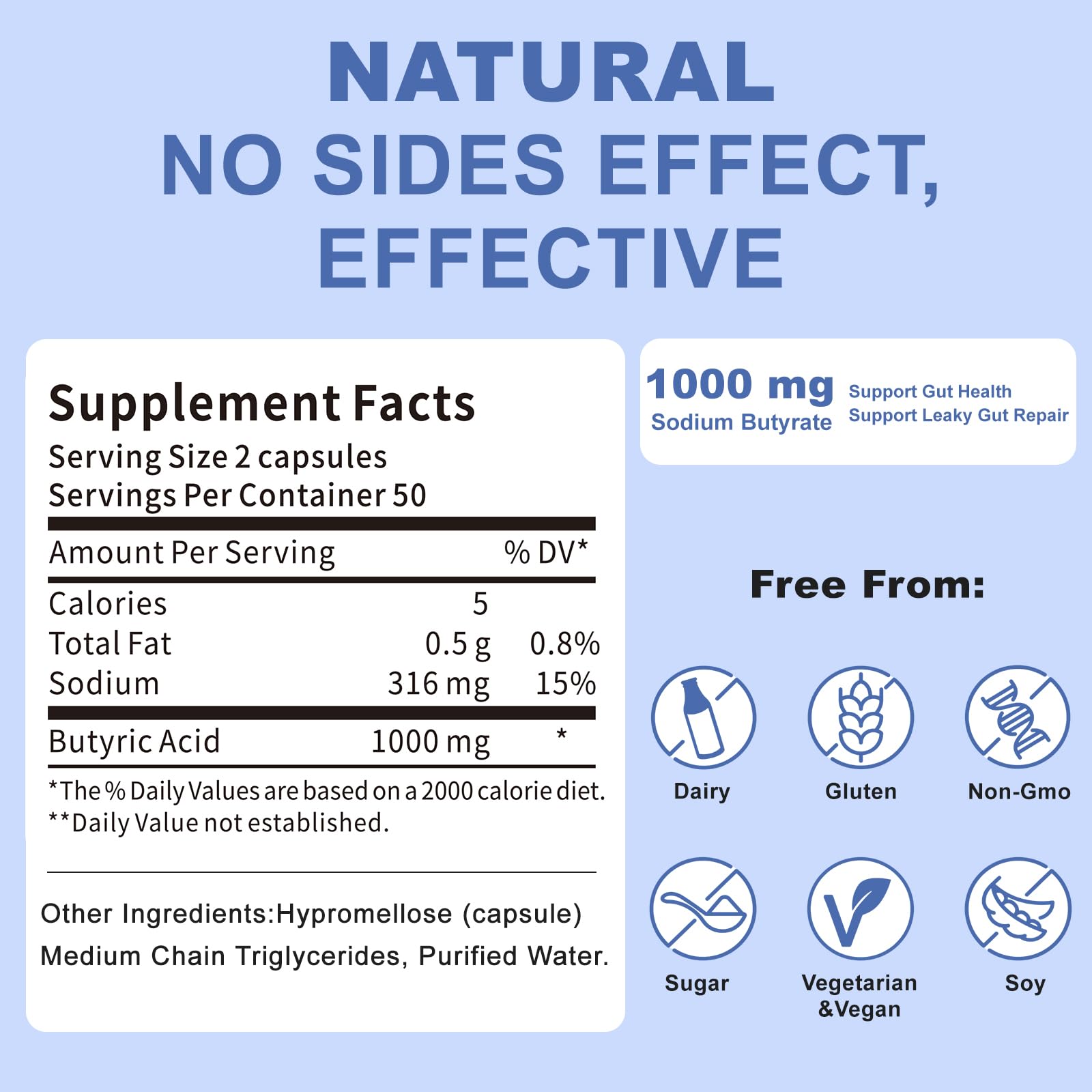 Sodium Butyrate, Butyrate Gut Health Supplement, Postbiotic for Gut, Stomach & Digestive, Support IBS, Leaky Gut, Gas & Bloat, Low Odor, 100 Vegan Capsules — Amazon image 2
