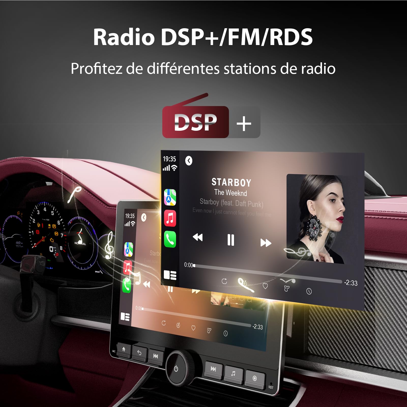 Haudio 360° Rotatif Autoradio, 1 Din DSP Car Stereo, Écran IPS 10,1" avec Carplay sans Fil et Android Auto, Car Play avec Caméra Arrière, Mirror Link, Commande Vocale AM/FM/RDS avec Bouton 2+64G