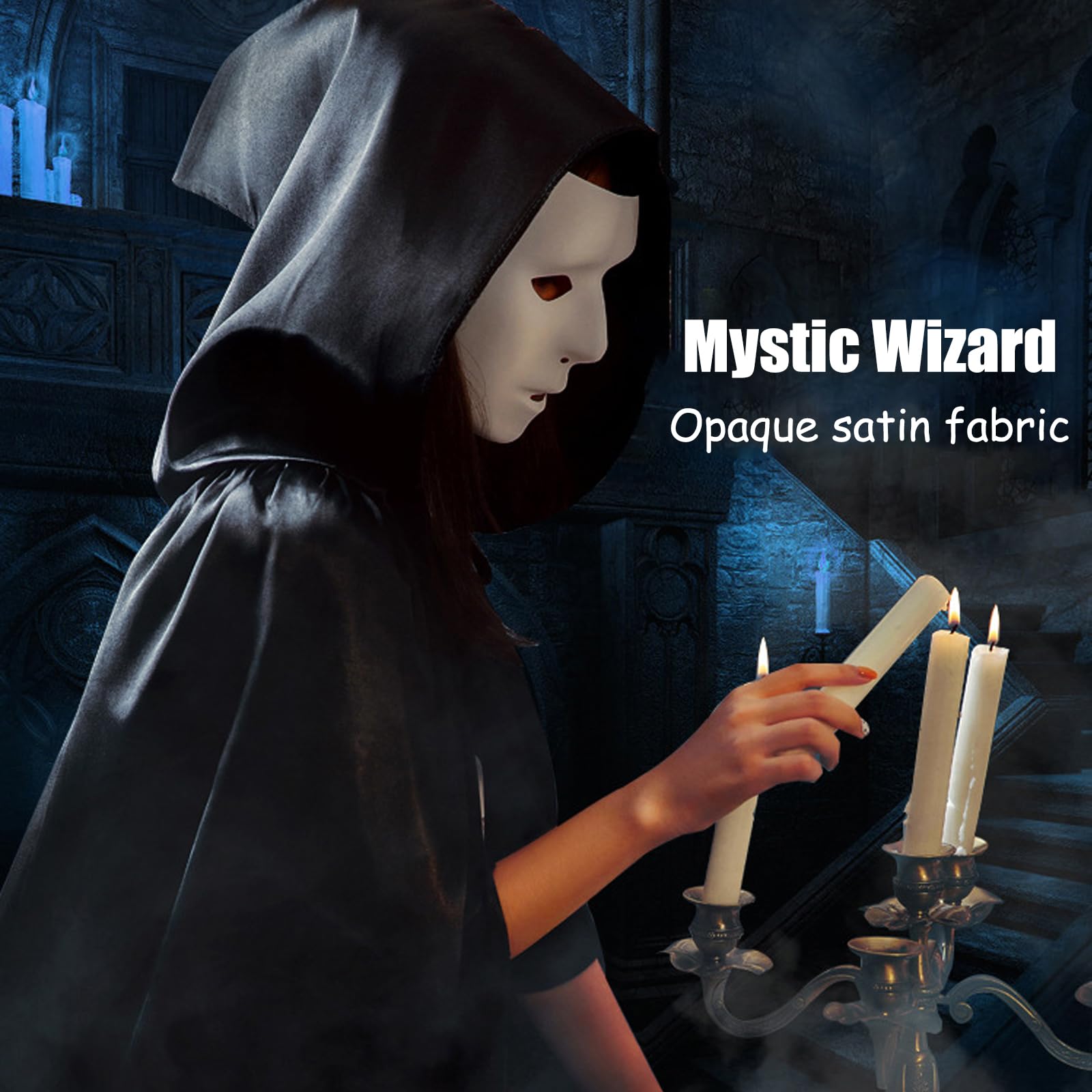 GIEEU Unisex Long Black Hooded Cape 160CM, Adult Hooded Cape Vampire Cape Witch Cloak - Image 2