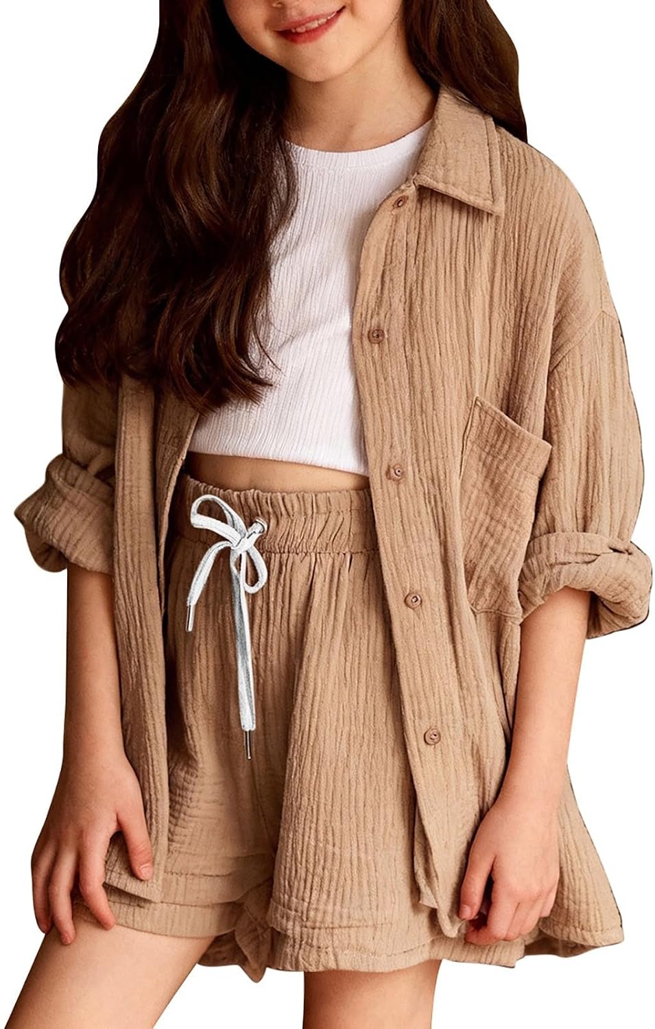 Girls 2 Piece Short Sets Pockets Button down Blouse Matching Drawstring Baggy Wide Leg Shorts Outfit Teen Trendy Casual Set