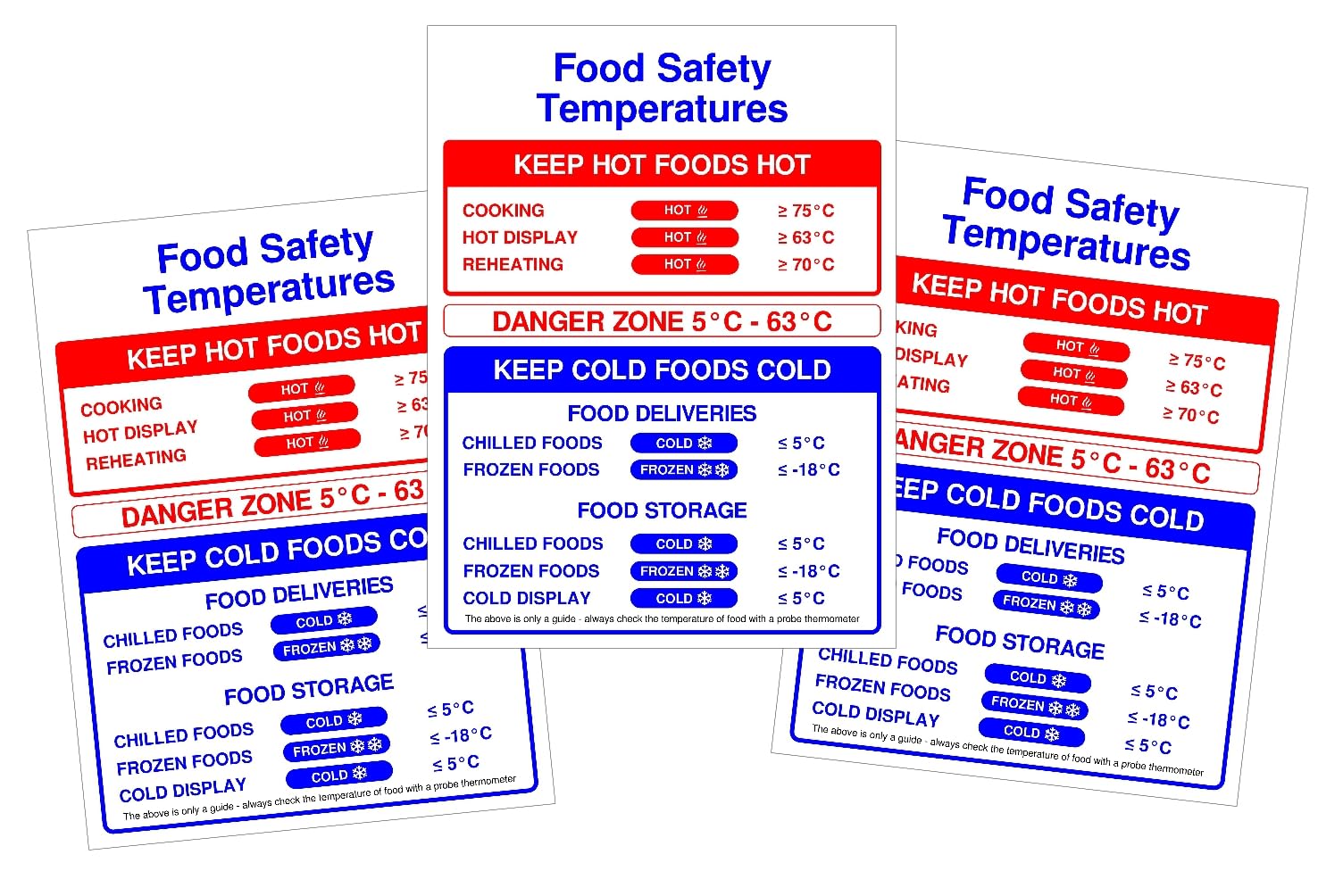 Rubigo Food Safety Signs for Hot and Cold Foods - Self-Adhesive Food Safety Temperatures Sign, Waterproof Food Hygiene Signs for Restaurants, Shops, School, and Office - 20x15 cm (Pack of 3)
