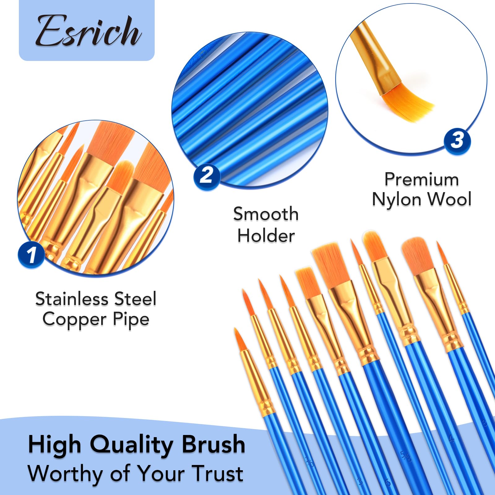 ESRICH Acrylic Paint Brushes Set, 10 Packs/ 100 Pcs Watercolor Brushes,Nylon Brush Head, for Oil Painting, Gouache, Face,Ceramics etc, Kid's and Adults Painting Arts and Crafts Paint Sets.