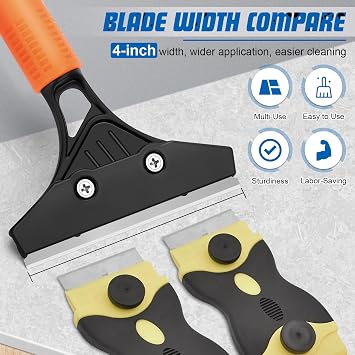 Heavy Duty Floor Scraper with Long Handle,4 Inch Razor Blade Scraper Tool Cleaning for Popcorn Ceiling Wall Glass Windows Gum Paint Tile Glue Linoleum,10PCS Extra Metal Blades,Orange