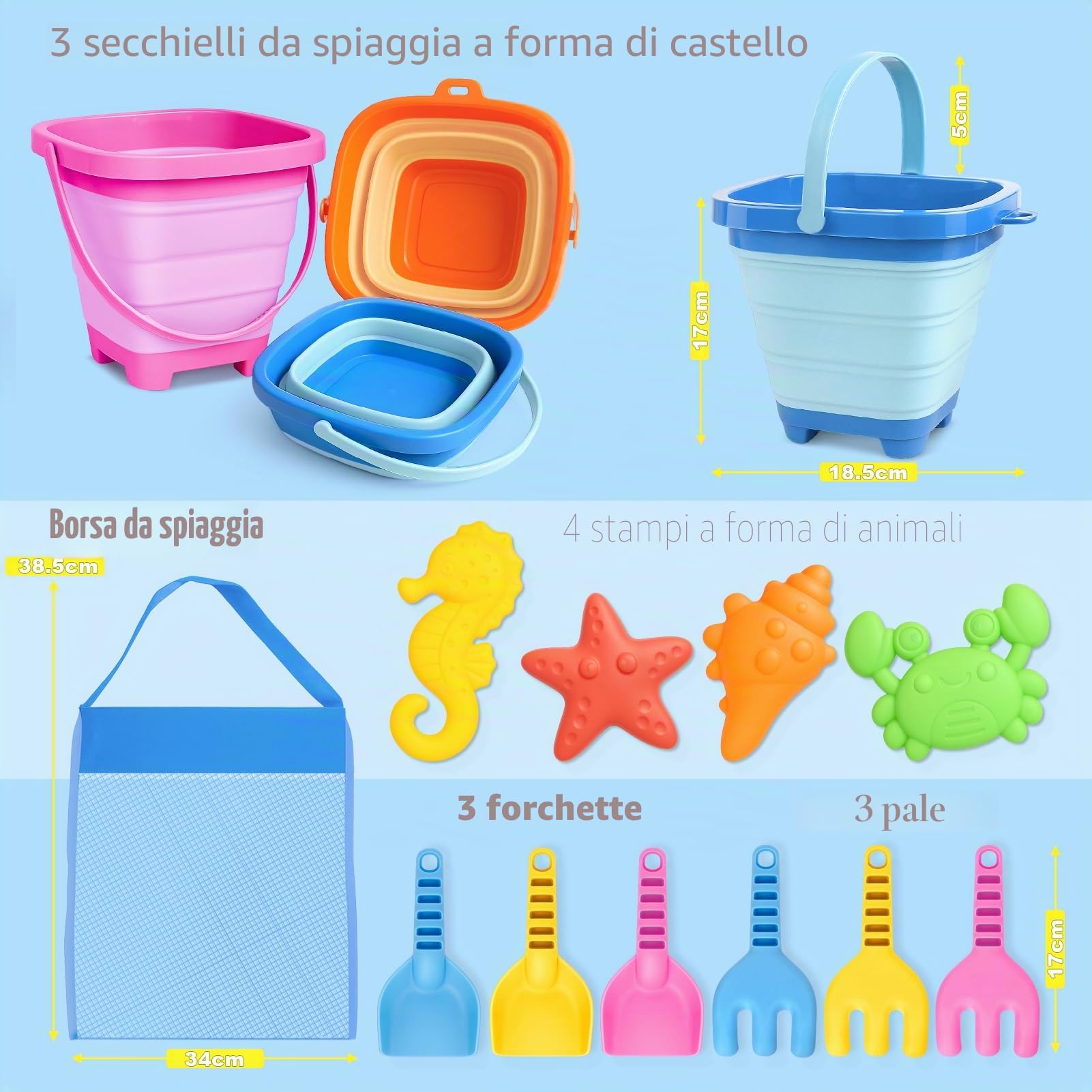 Dreamon Giochi Spiaggia Bambini, Giocattoli di Sabbia da Viaggio con Secchiello Pieghevole Bambini, 14 PCS Giocattoli da Spiaggia per Bambini Ragazzi Ragazze