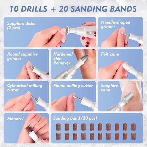 Miniatura 7 de BEAUTURAL Kit profesional de taladro de uñas, máquina eléctrica de lima de uñas con 10 accesorios y 20 bandas de lijado, herramientas de manicura y