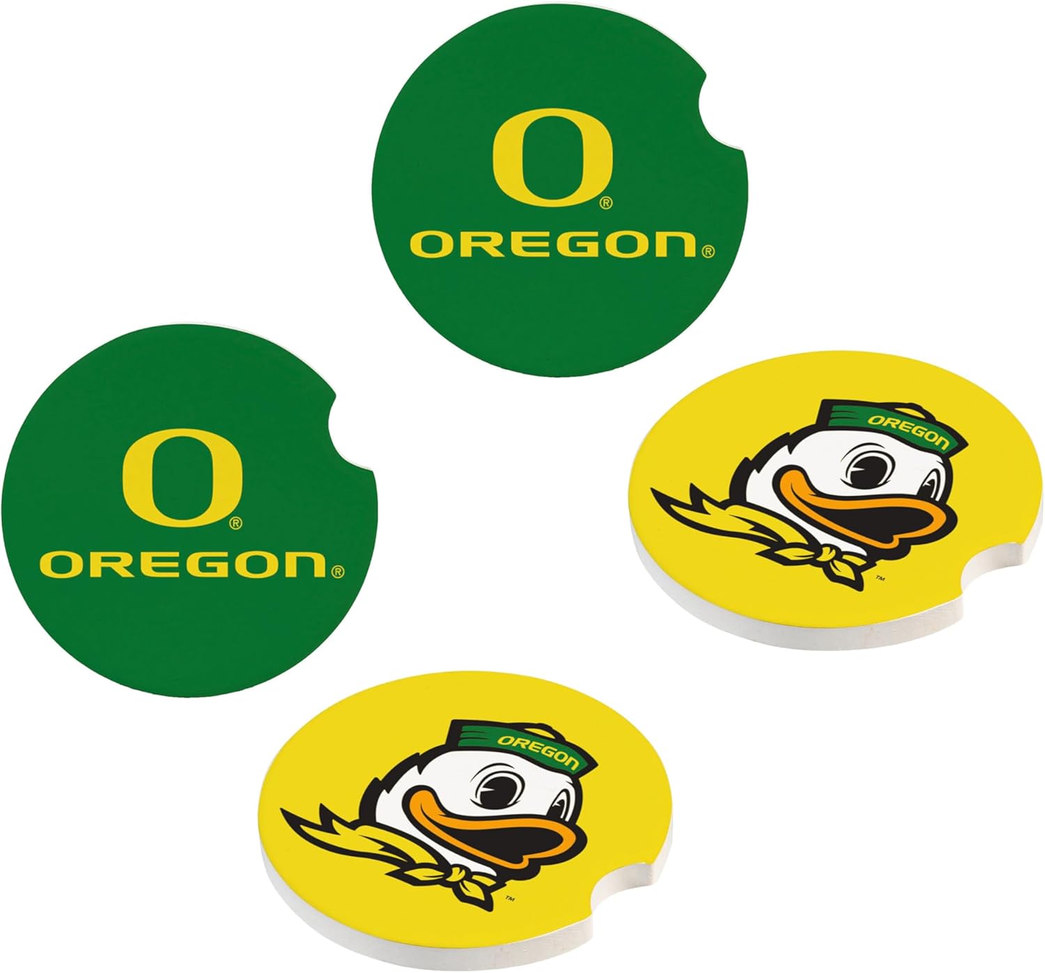 NCAA University of Oregon Car Coaster Set, 4pcs(2-Pack of 2), Absorbent Ceramic Stone Cup Holder Inserts, Removable Drink Mats for Cars, SUVs, and Trucks, College Auto Accessories