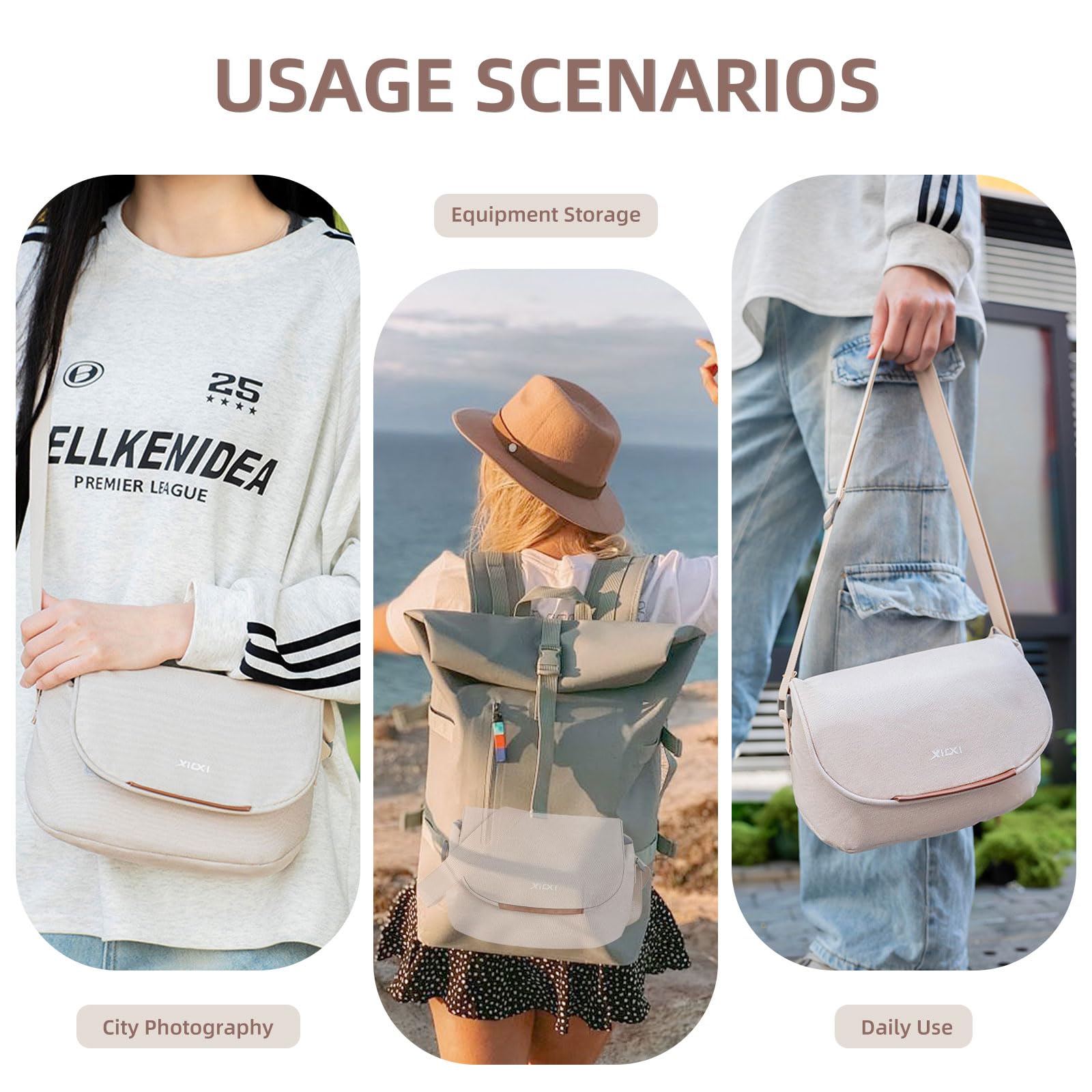 Hainue Sac Appareil Photo SLR,Crossbody Bandoulière Housse de Protection pour Appareil Photo,Sac Photographe avec Rembourrage Intégré est Compatible avec Canon/Sony/Nikon (Beige)