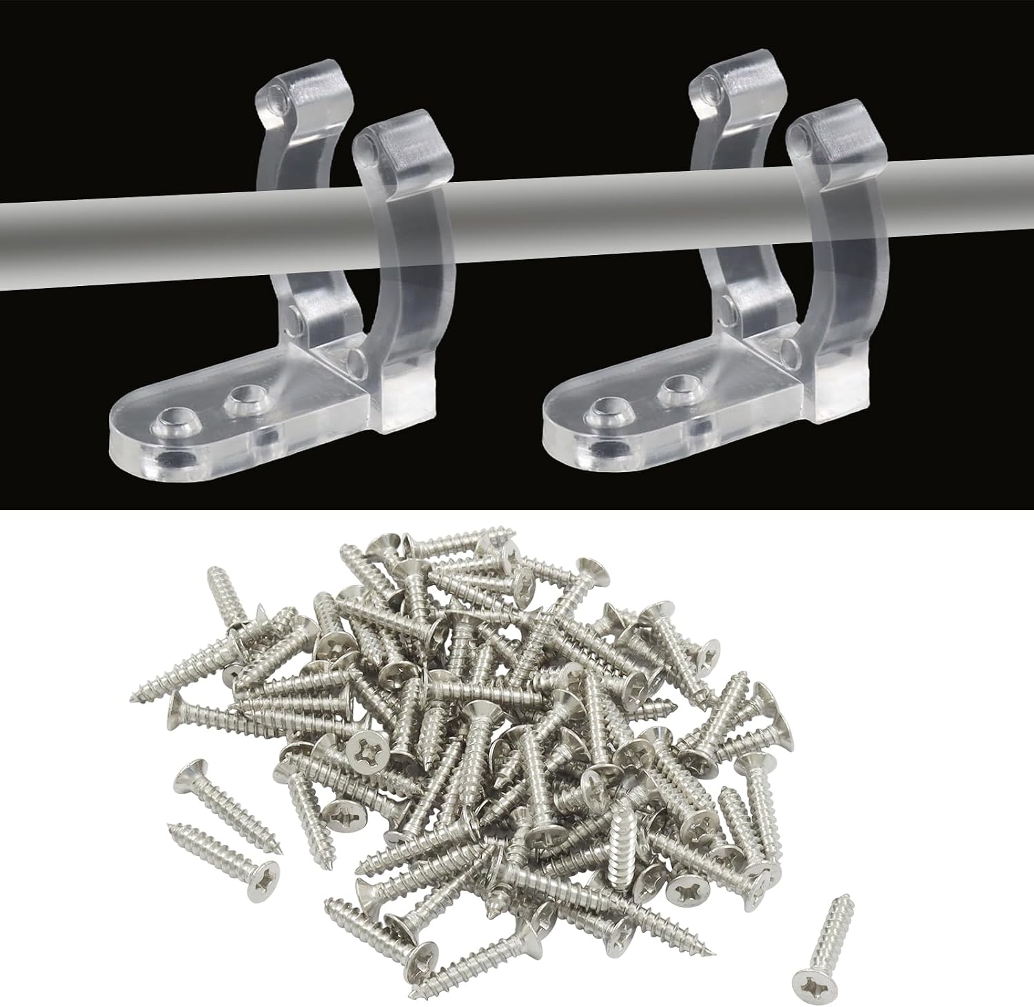 Waziaqoc 100 Pack Rope Light Clips - Clear PVC 1/2 Inch Invisible Mounting Fasteners for Outdoor Christmas Decor, Party LED Strips, Deck, with 200 Screws