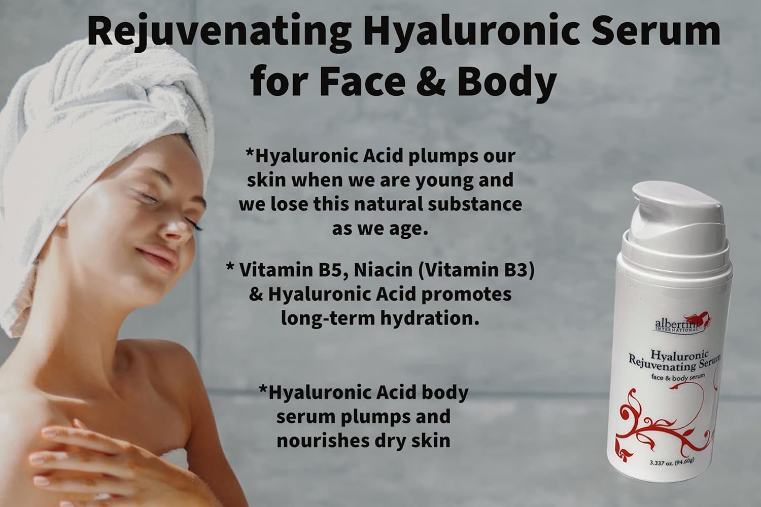Hyaluronic Rejuvenating Serum for Face & Body 3.34 oz, Natural, Non-greasy, with Vitamin B5 and Niacinamide