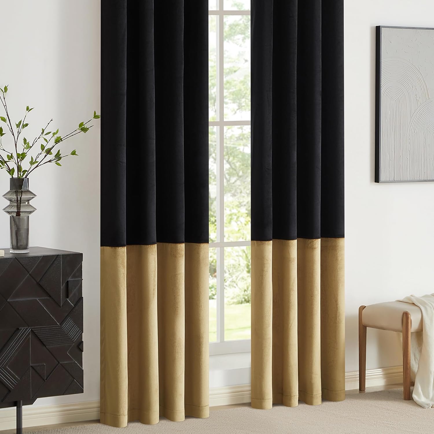 BULBUL Black Gold Color Block Window Curtains Panels 84 inches Long Velvet Farmhouse Drapes for Bedroom Living Room Darkening Treatment with Grommet Set of Black Gold