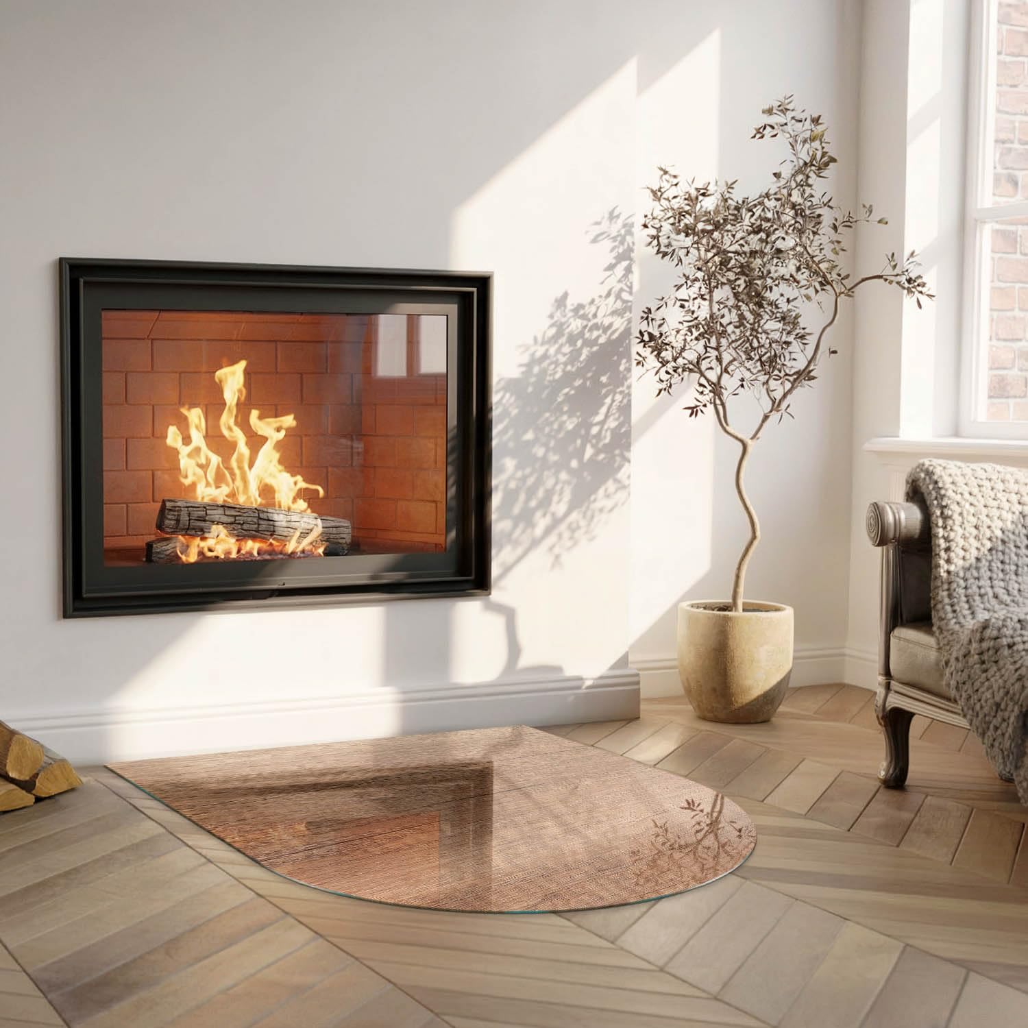 Piastra per camino e stufa 100x100 cm Design Elegante Arco Resistente alle Alte Temperature Protezione del Pavimento di Vetro Temperato Resistente a Scintille - Modello in legno naturale