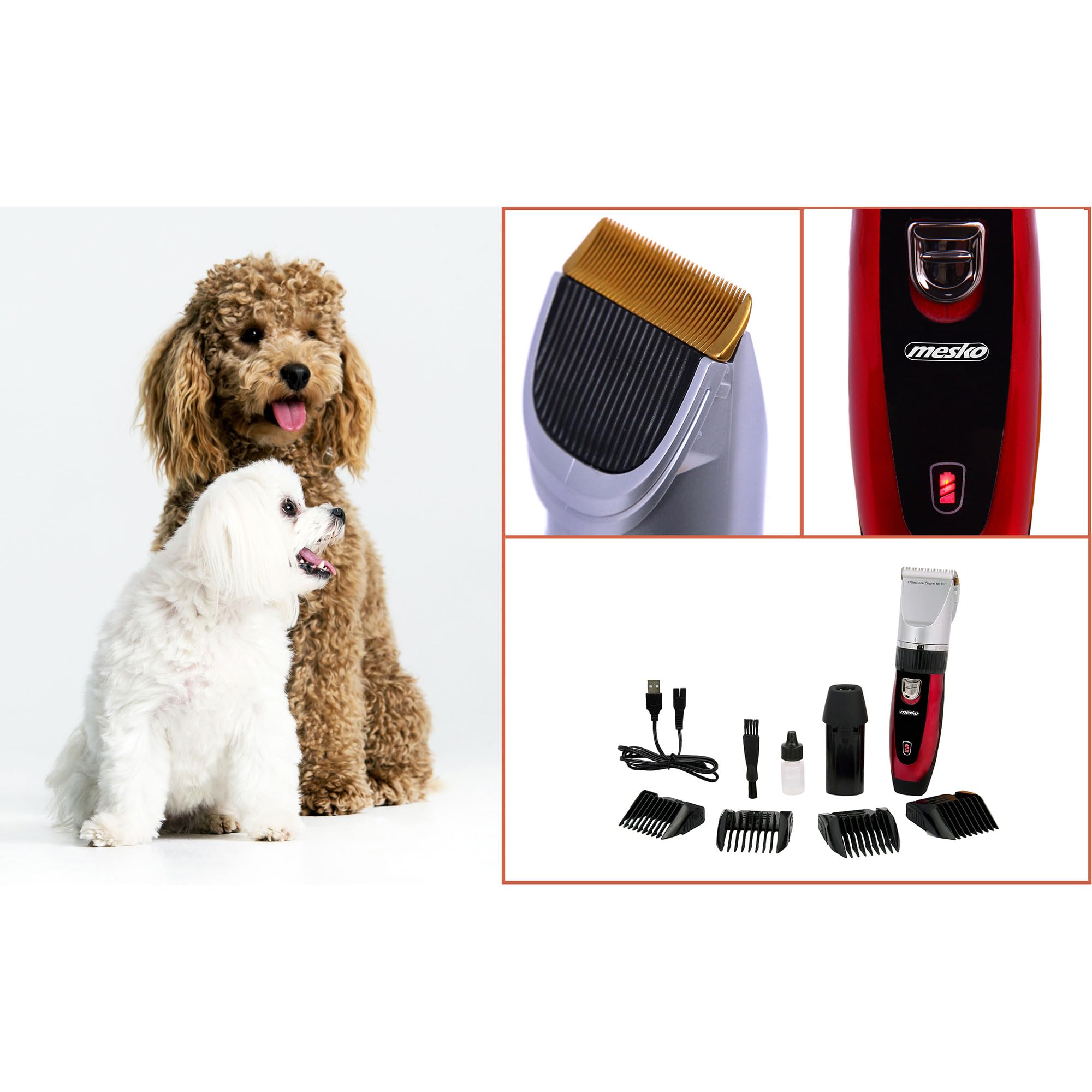 Mesko MS2847 Maquina Cortar Pelo Perro Cortapelos Profesional Animales, Esquiladora Gatos Mascotas, Bajo Ruido, Cabezal Titanio, Cuchilla Cerámica, Inalámbrica, 4 Peines Ajuste de Corte, 35W