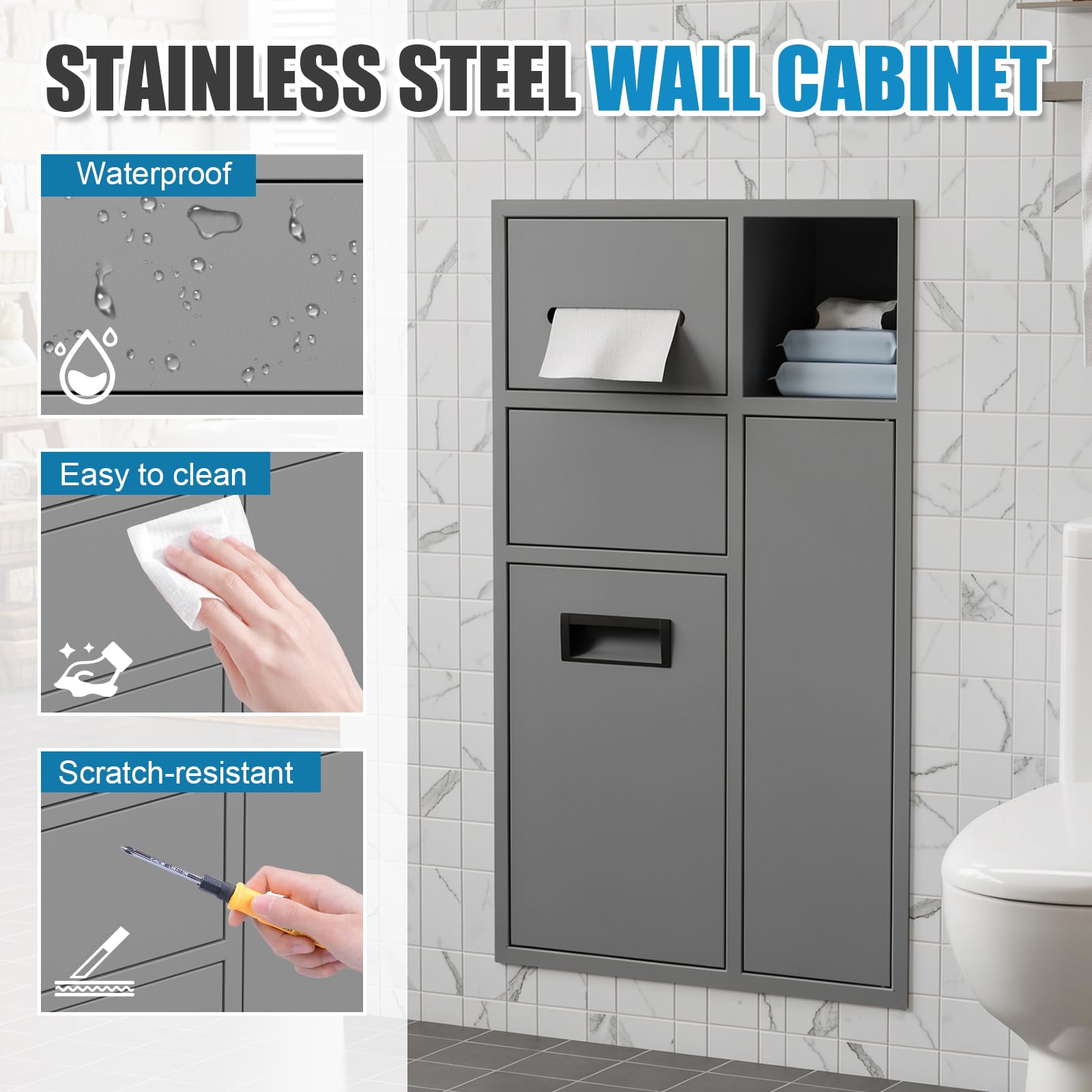 MSFE Portarrollos de Papel Higiénico Empotrado,4 en 1 Nicho de Acero Inoxidable con Porta Pañuelos, Estante,Papelera y Armario para Escobillas de Baño para Baños y Aseos,67 * 40 * 14.13 CM