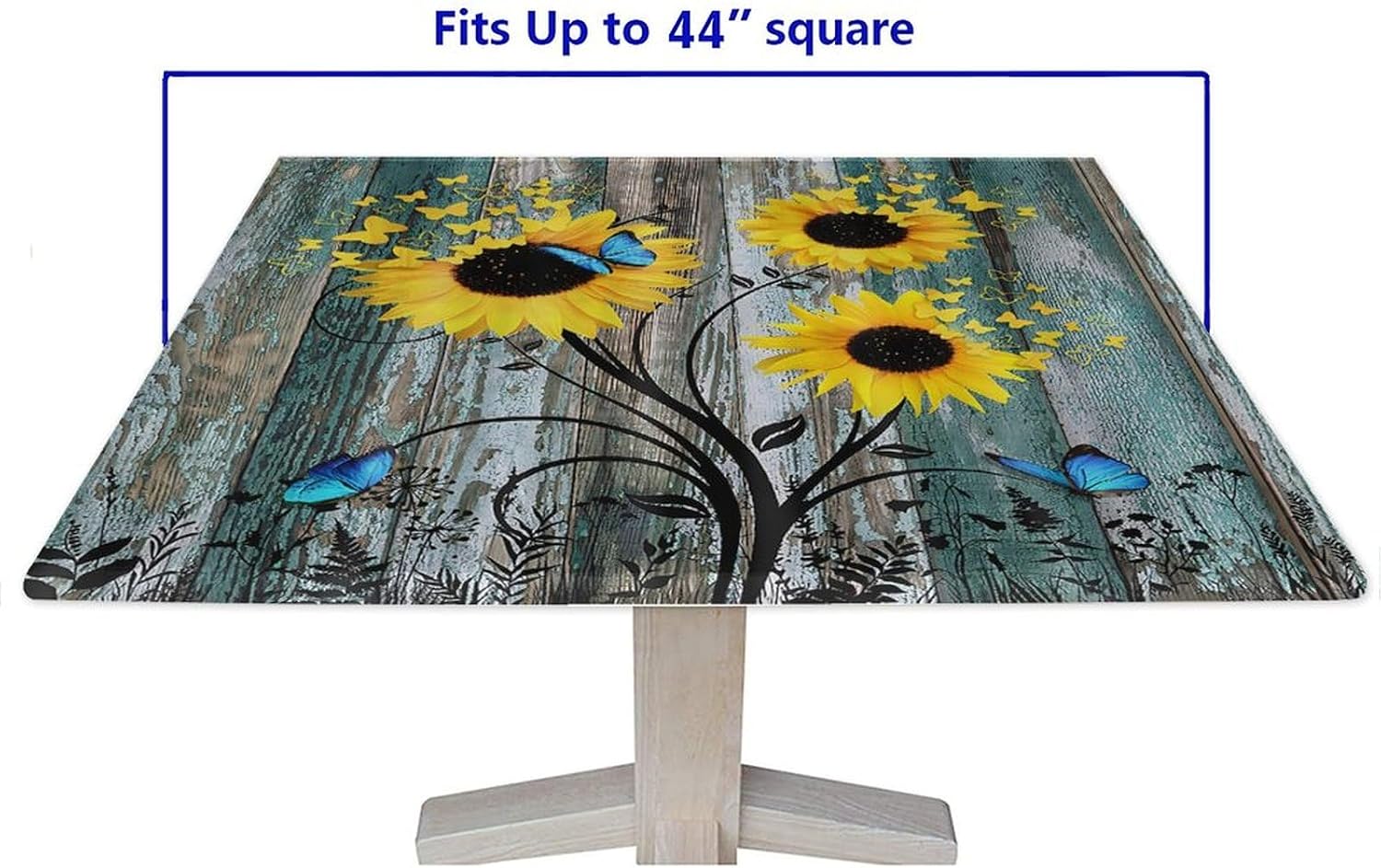 Farmhouse Square Tablecloth, Waterproof Fitted Table Cloth for Outdoor Picnic Indoor, Vintage Rustic Country Sunflower Butterfly Print Wipeable Elastic Fabric Table Cover, Fits Tables up to 44" Square
