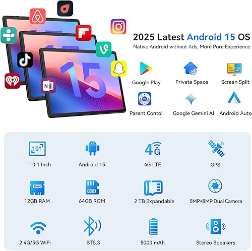 Miniatura 2 de Topsand Tablet Android 15 de 10 pulgadas con ranura para tarjeta SIM desbloqueada, teléfono tablet 4G celular, Octa-Core, 12GB+64GB, ampliable a