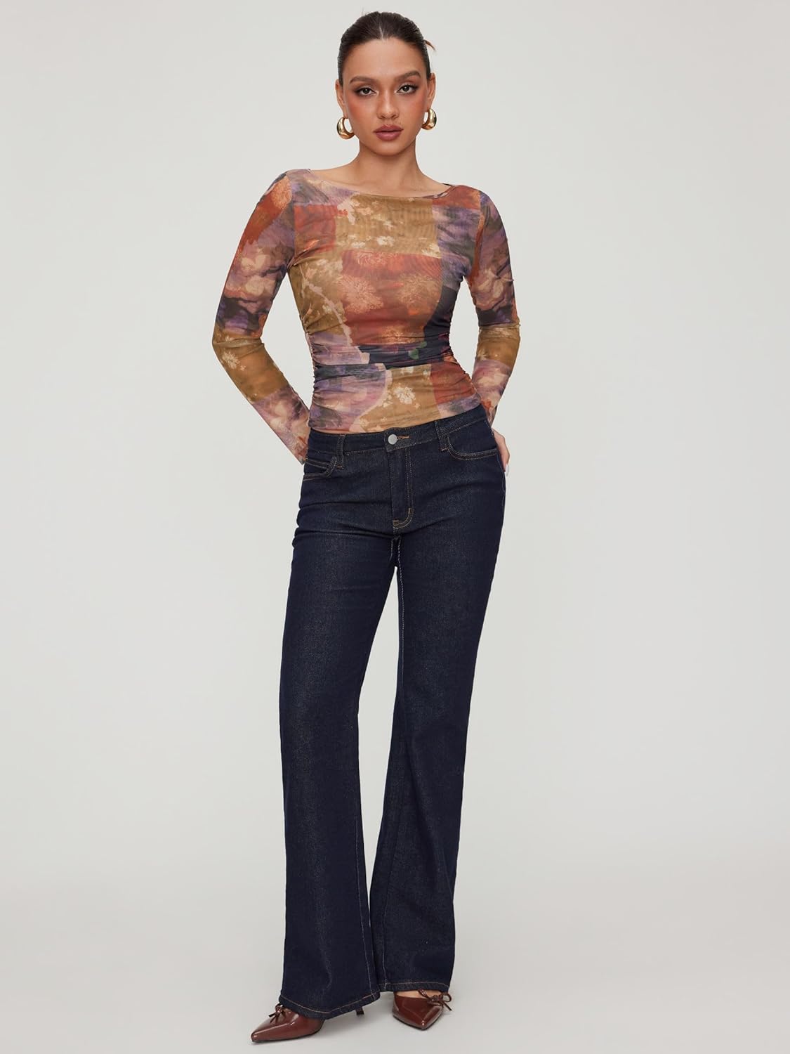 CIDER Women's Tops Vintage Floral Print Boat Neck Casual Fitted Tee Shirts Long Sleeve Tops Lightweight Mesh Tops - Image 2