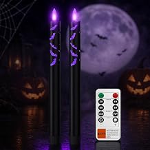 Halloween Flameless Taper Candles, Purple Bat Glow, Remote Timer, 2-Pack
