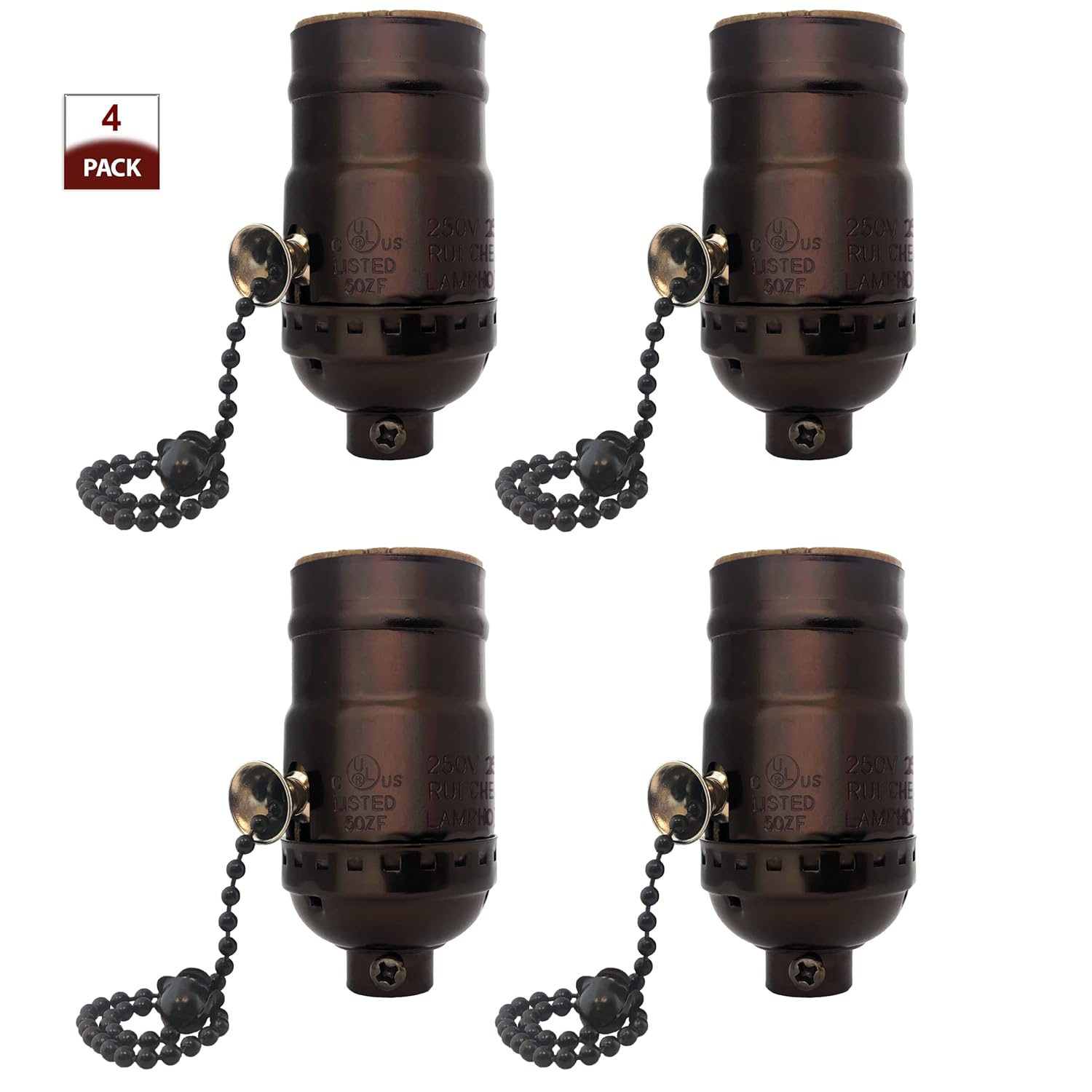 Royal Designs, Inc. Pull Chain Lamp Socket for Incandescent or LED Bulbs, 6" Matching Chain, Oil Rubbed Bronze Finish, Set of 4