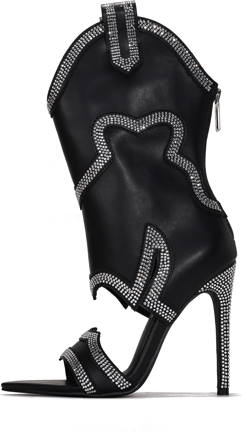 Cape Robbin Rhinestone Cowboy Boots for Women - Black Western Stiletto Heels with Cutout Ankle, Pointed Toe & Side Zipper Closure Cowgirl Booties (Nayaye)