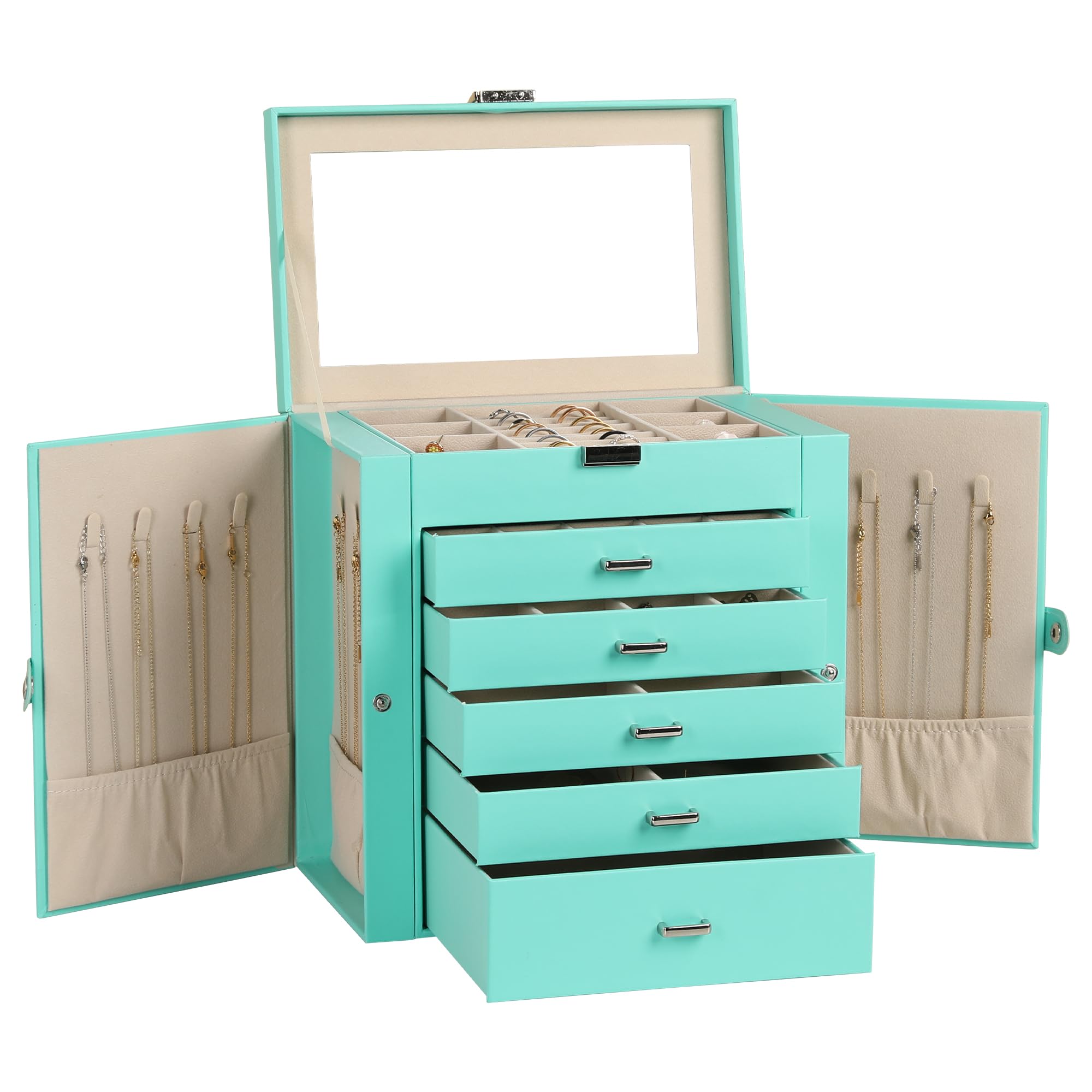 Frebeauty Große Schmuckschatulle 6 Ebenen PU-Leder, Schmuck-Organizer mit Schloss Aufbewahrungsbox mit Spiegel, Zubehörhalter mit 5 Schubladen für Ohrringe, Halsketten, Armbänder für Frauen (türkis)