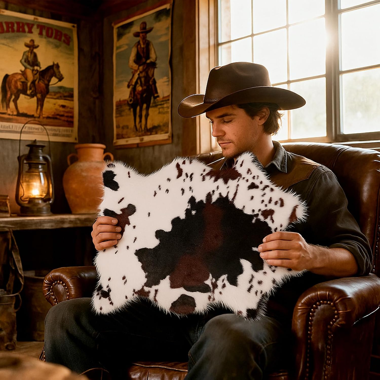 Drydiet 4 Pcs 19.3" W x 23.6" L Faux Cowhide Rug Cow Print Rug Western Cowboy Table Centerpieces Faux Animal Area Placemats Farmhouse Rustic Home Decor Rodeo Party Decoration for Living Room Bedroom
