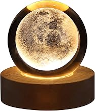 Luz noturna de bola de cristal 3D para crianças Lâmpada noturna de bola de vidro com base de madeira Fantasia mesa presente Decoração de espaço Crsytal Ball LED Galaxy Planet Nightlight(Lua)