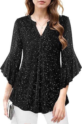Women Sparkly Tops Ruffle 3/4 Sleeve Dressy Casual Double Layers V Neck Blouses Loose Fit Flowy Tunic Tops Shirt
