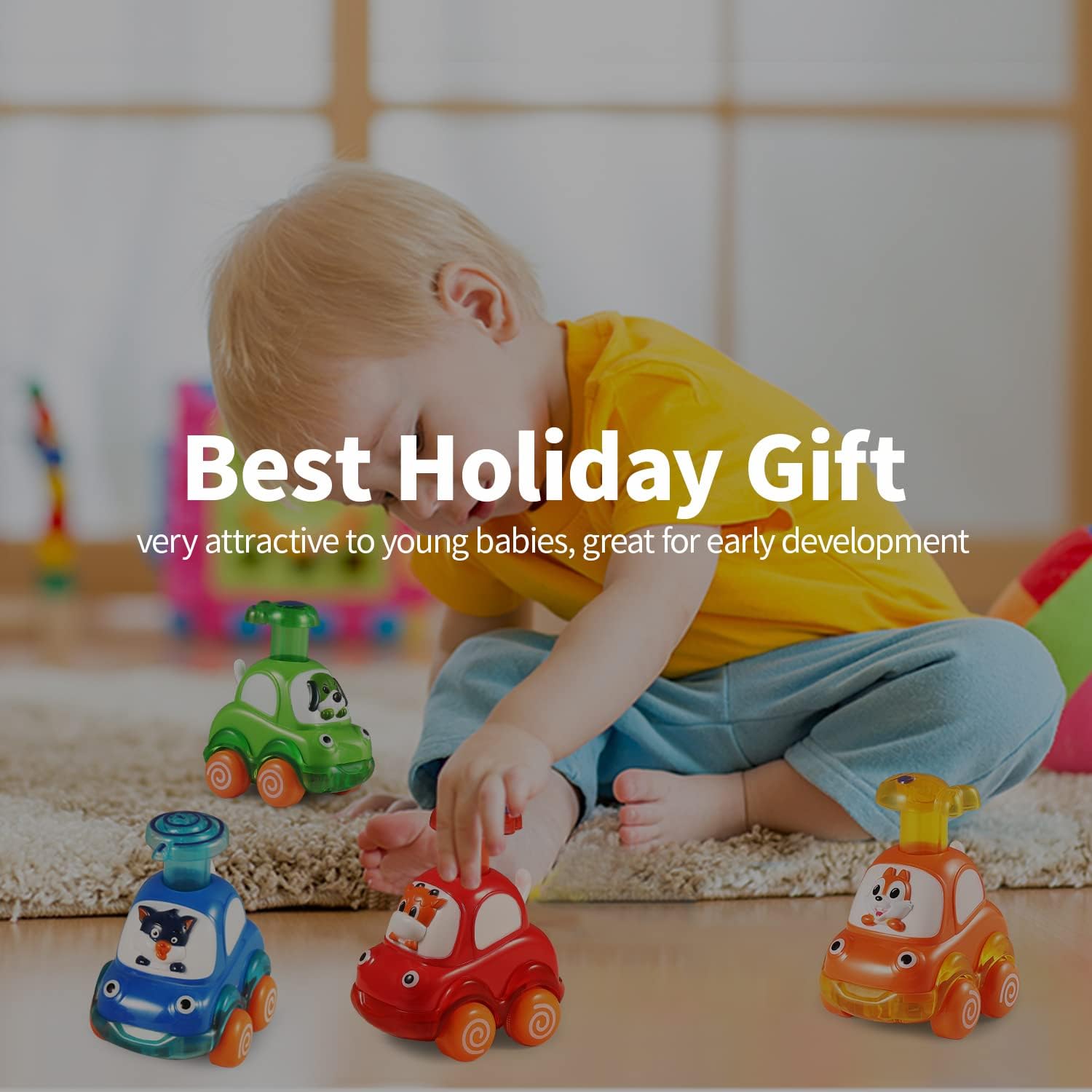ALASOU 4 PCS Animal Car Toys and 3 PCS Suction Cup Rotating Toys for Infant and Toddlers