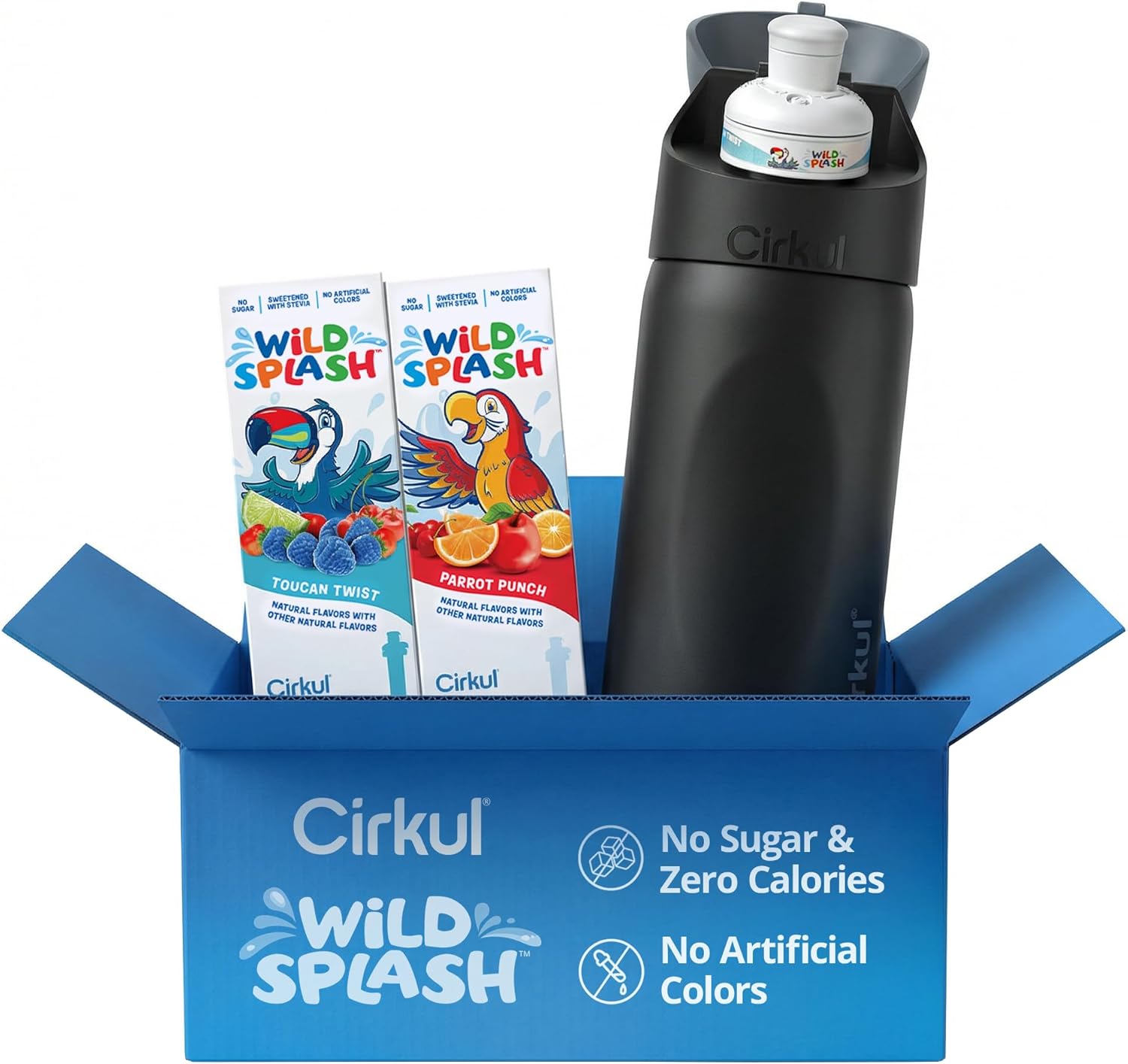 Cirkul 16oz Onyx StrawSip Flip Stainless Steel Water Bottle - Double Walled Vacuum Insulated Bottle For Kids and Teens with Flavor Cartridge Included, No Sugar, Zero Calories (Caffeine Free)